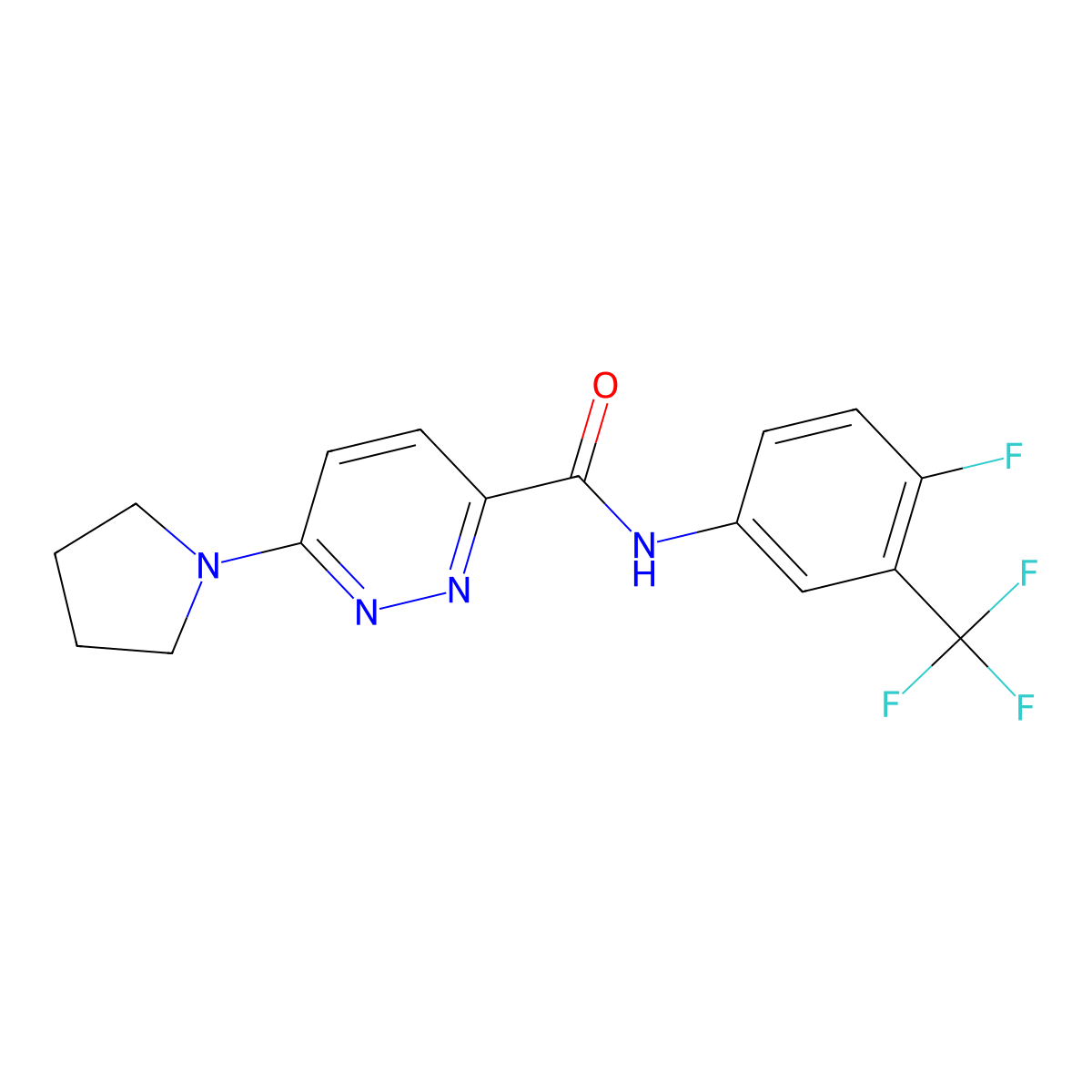 N-(4-fluoro-3-(trifluoromethyl)phenyl)-6-(pyrrolidin-1-yl)pyridazine-3-carboxamide molecular structure, CAS 1386721-85-2