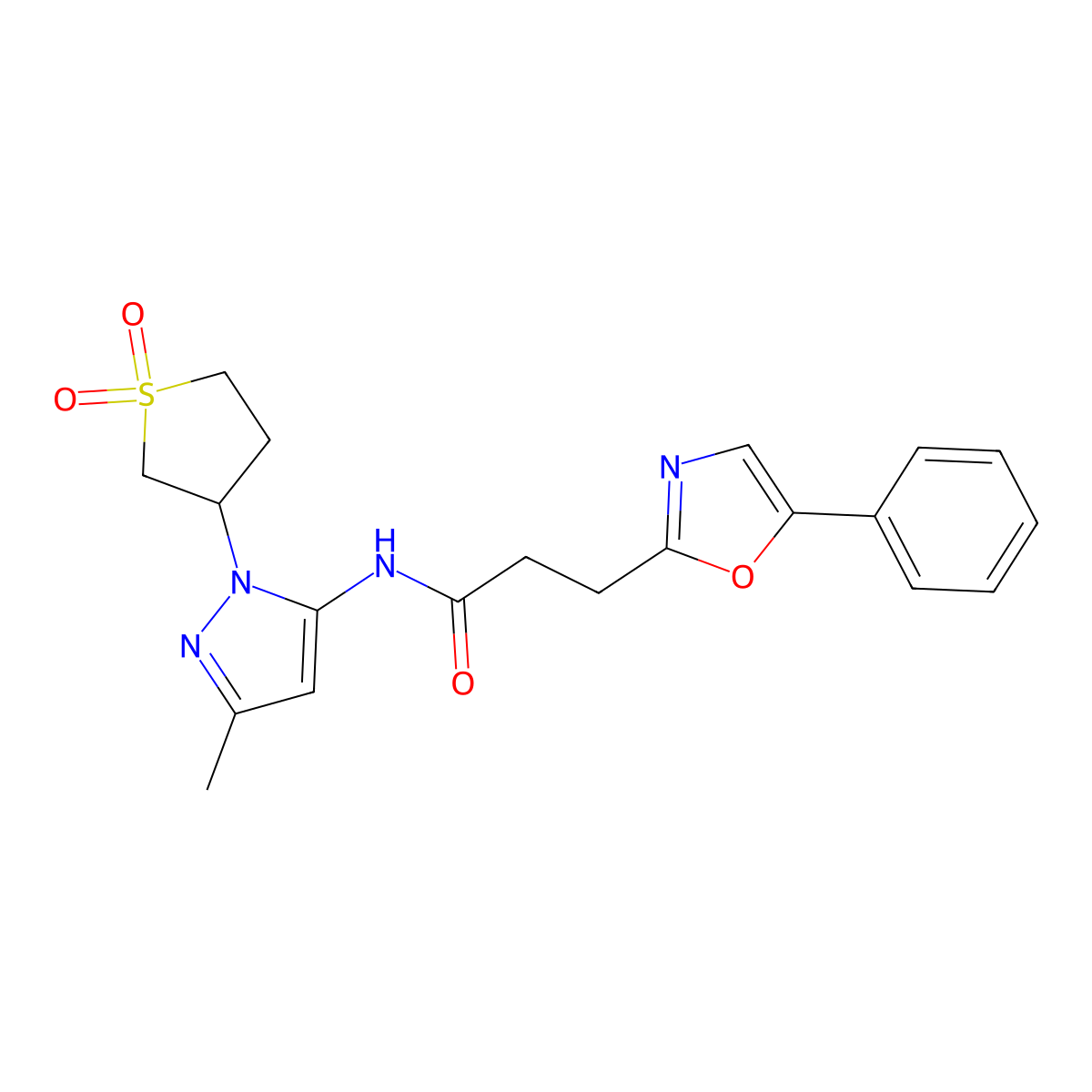 N-[1-(1,1-dioxidotetrahydrothiophen-3-yl)-3-methyl-1H-pyrazol-5-yl]-3-(5-phenyl-1,3-oxazol-2-yl)propanamide molecular structure, CAS 1386920-70-2
