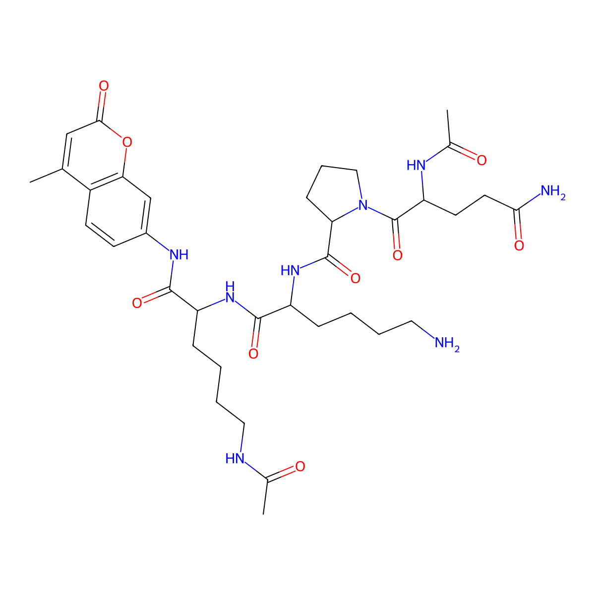 N2-acetyl-L-glutaminyl-L-prolyl-L-lysyl-N6-acetyl-N-(4-methyl-2-oxo-2H-1-benzopyran-7-yl)-L-lysinamide molecular structure, CAS 1387005-23-3
