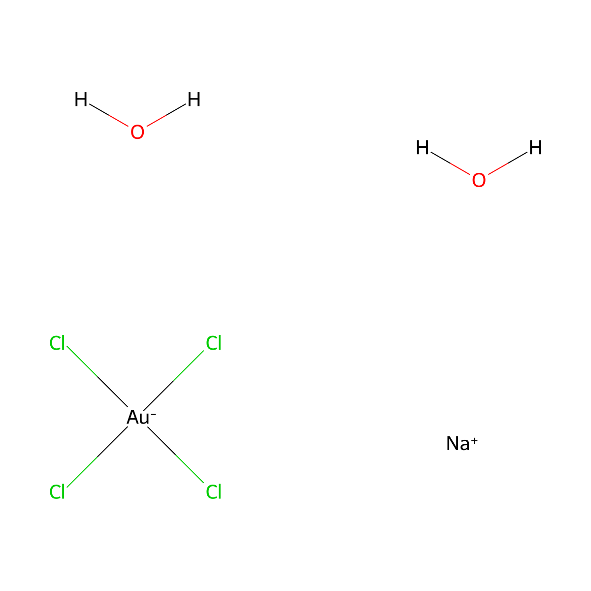 Sodium tetrachloroaurate(III) dihydrate , Tetrachloroaurate(III) sodium dihydrate molecular structure, CAS 13874-02-7