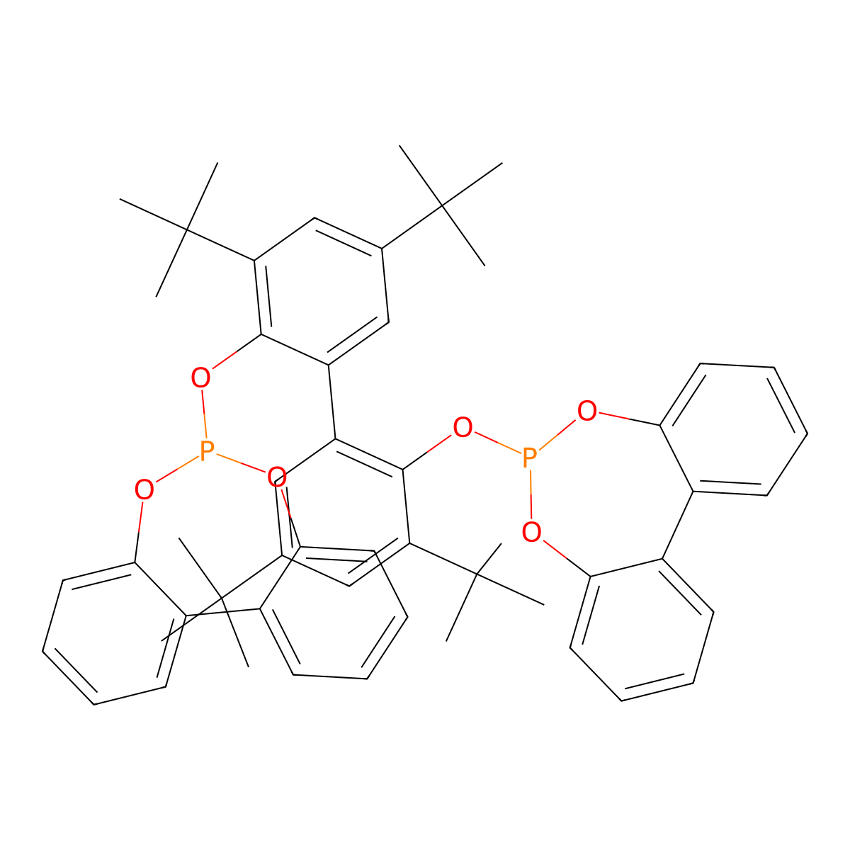 6,6'-((3,3',5,5'-Tetrakis(1,1-dimethylethyl)(1,1'-biphenyl)-2,2'-diyl)bis(oxy))bis(dibenzo(d,f)(1,3,2)dioxaphosphepin) molecular structure, CAS 138776-88-2