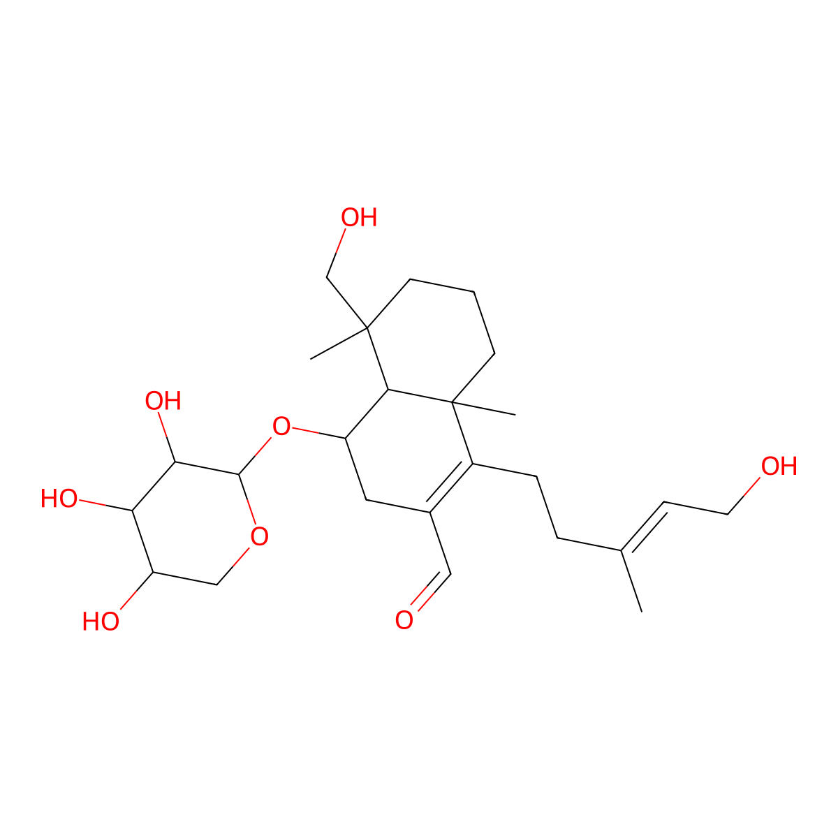 5-(hydroxymethyl)-1-[(Z)-5-hydroxy-3-methylpent-3-enyl]-5,8a-dimethyl-4-[(2S,3R,4S,5S)-3,4,5-trihydroxyoxan-2-yl]oxy-3,4,4a,6,7,8-hexahydronaphthalene-2-carbaldehyde molecular structure, CAS 138797-27-0