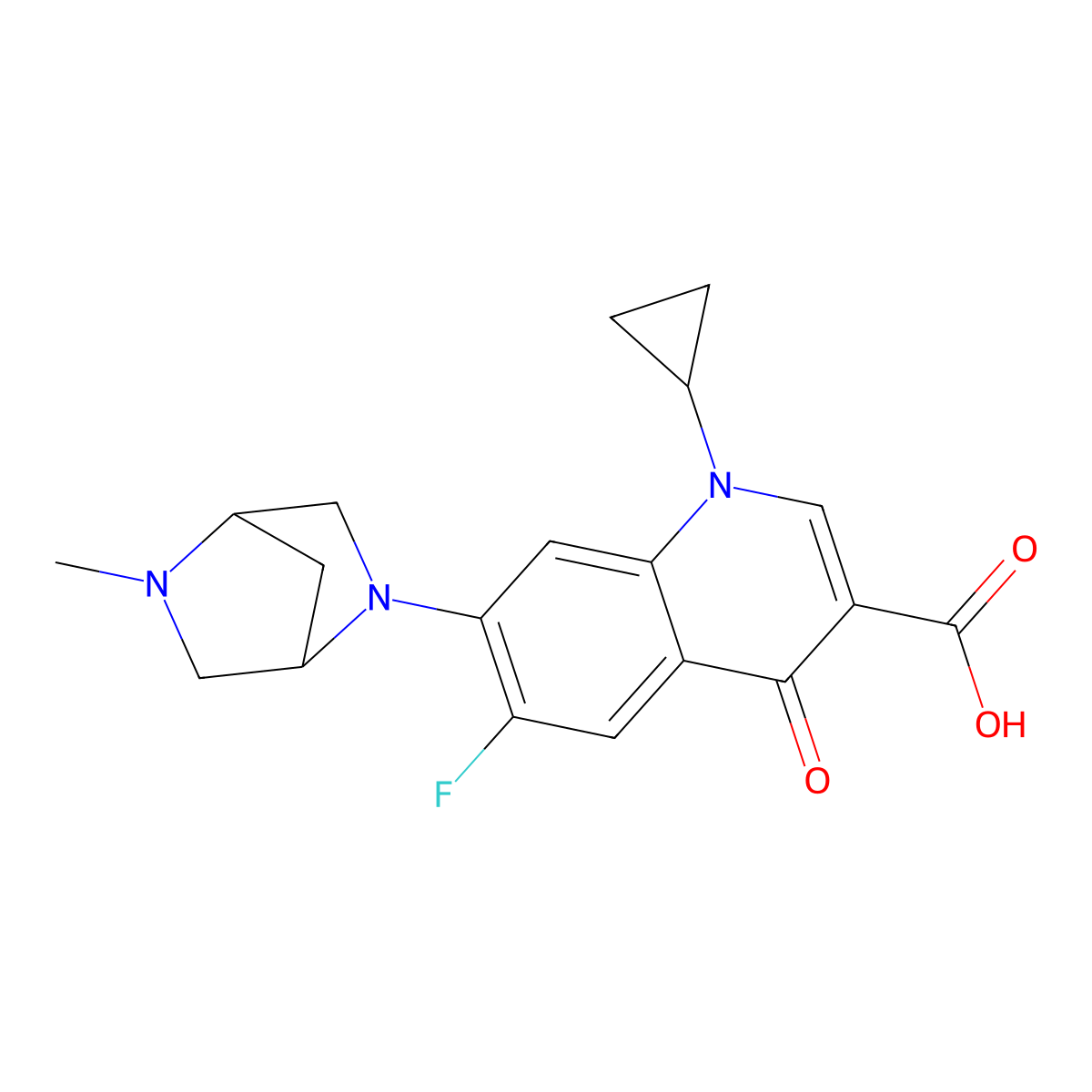 1-Cyclopropyl-6-fluoro-7-(5-methyl-2,5-diazabicyclo[2.2.1]heptan-2-yl)-4-oxoquinoline-3-carboxylic acid molecular structure, CAS 138808-76-1