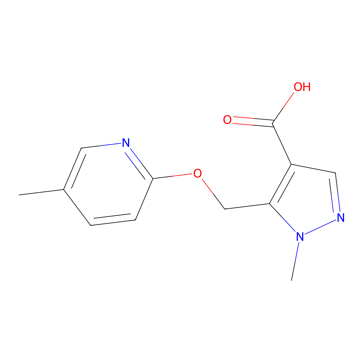 1-methyl-5-{[(5-methylpyridin-2-yl)oxy]methyl}-1H-pyrazole-4-carboxylic acid molecular structure, CAS 1388214-38-7