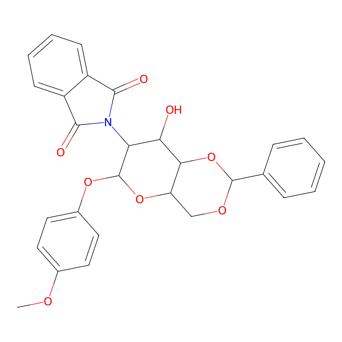 2-((4AR,6S,7R,8R,8aS)-8-hydroxy-6-(4-methoxyphenoxy)-2-phenylhexahydropyrano[3,2-d][1,3]dioxin-7-yl)isoindoline-1,3-dione molecular structure, CAS 138906-43-1