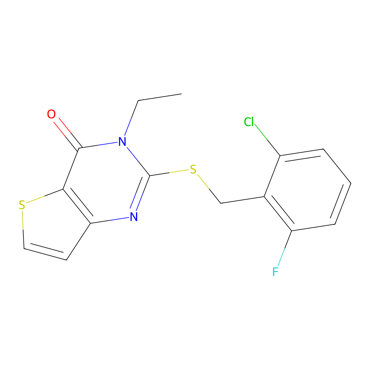2-((2-chloro-6-fluorobenzyl)thio)-3-ethylthieno[3,2-d]pyrimidin-4(3H)-one molecular structure, CAS 1389470-18-1