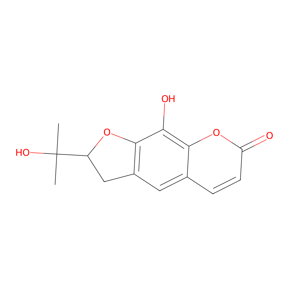 7H-Furo(3,2-g)(1)benzopyran-7-one, 2,3-dihydro-9-hydroxy-2-(1-hydroxy-1-methylethyl)-, (S)- molecular structure, CAS 13895-92-6