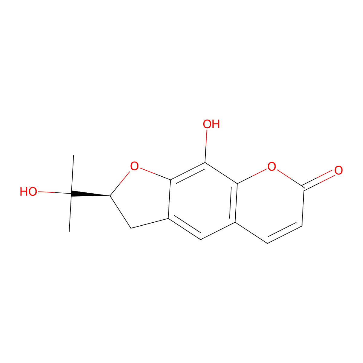 7H-Furo(3,2-g)(1)benzopyran-7-one, 2,3-dihydro-9-hydroxy-2-(1-hydroxy-1-methylethyl)-, (S)- molecular structure, CAS 13895-92-6