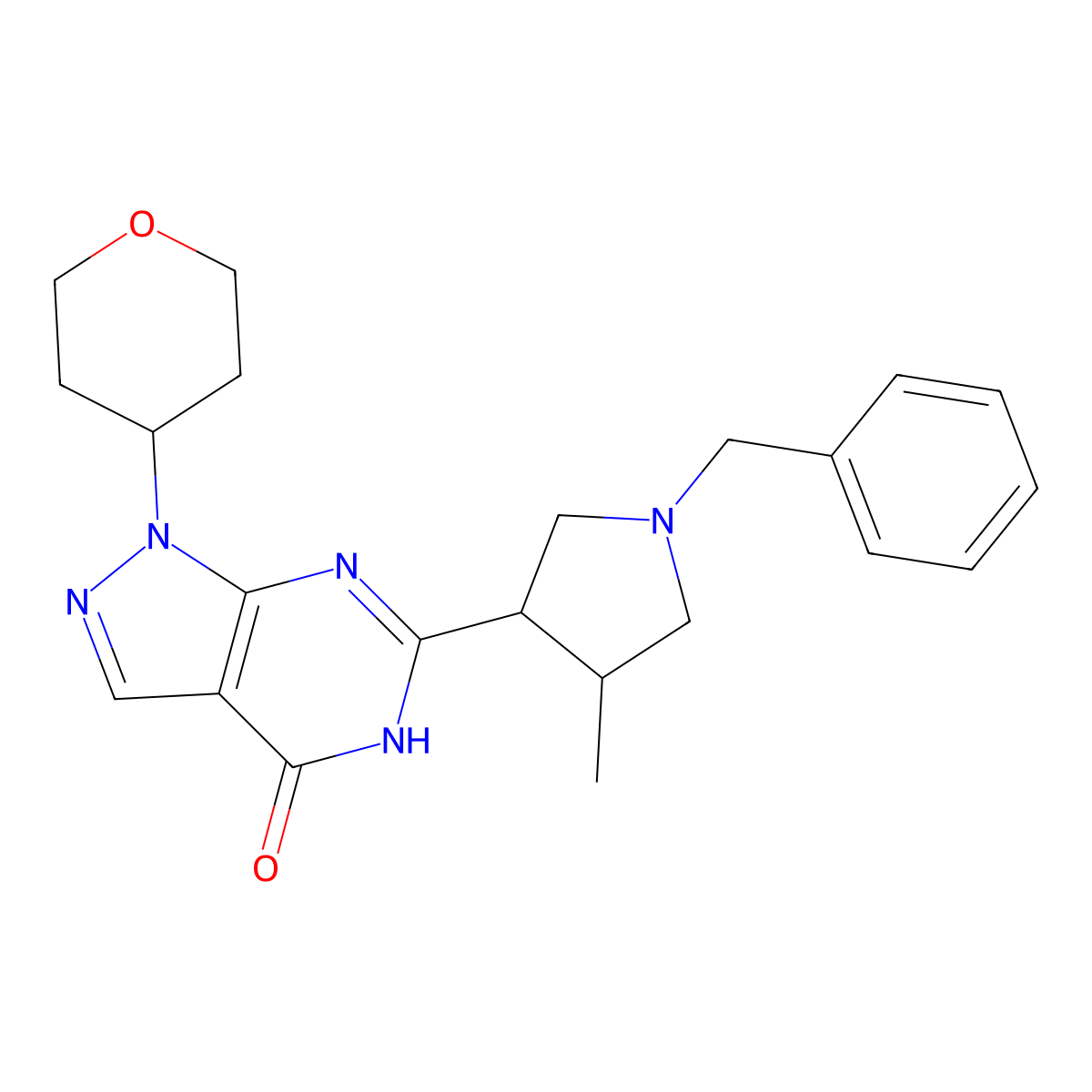 4H-Pyrazolo[3,4-d]pyrimidin-4-one, 1,5-dihydro-6-[(3R,4R)-4-methyl-1-(phenylmethyl)-3-pyrrolidinyl]-1-(tetrahydro-2H-pyran-4-yl)- molecular structure, CAS 1390646-07-7