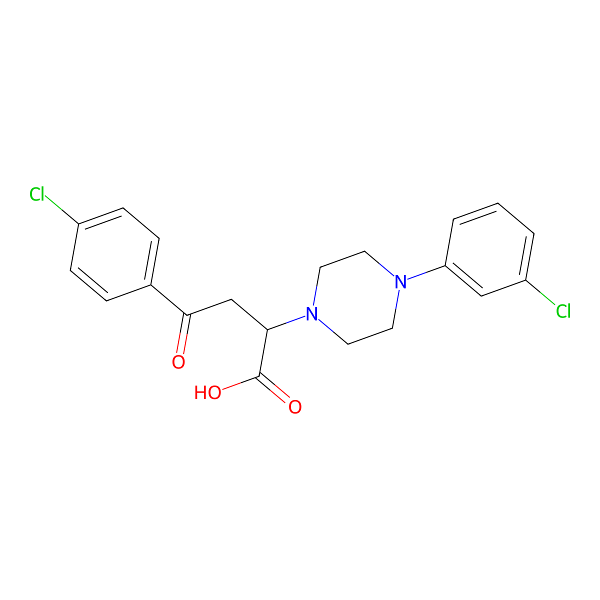 1-Piperazineacetic acid, 4-(3-chlorophenyl)-alpha-(2-(4-chlorophenyl)-2-oxoethyl)- molecular structure, CAS 139084-71-2