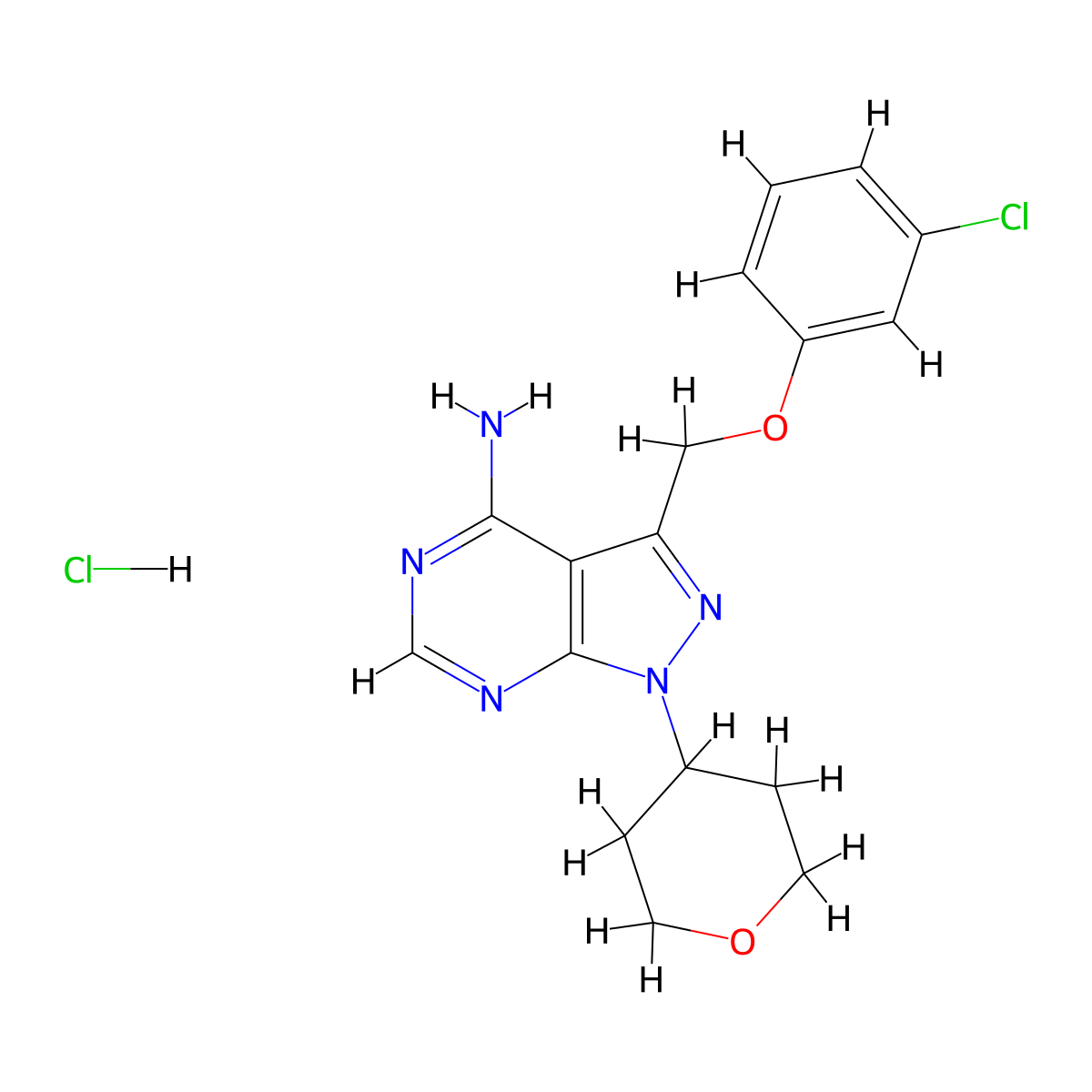 3-[(3-Chlorophenoxy)methyl]-1-(tetrahydro-2H-pyran-4-yl)-1H-pyrazolo[3,4-d]pyrimidin-4-amine Hydrochloride molecular structure, CAS 1391052-28-0