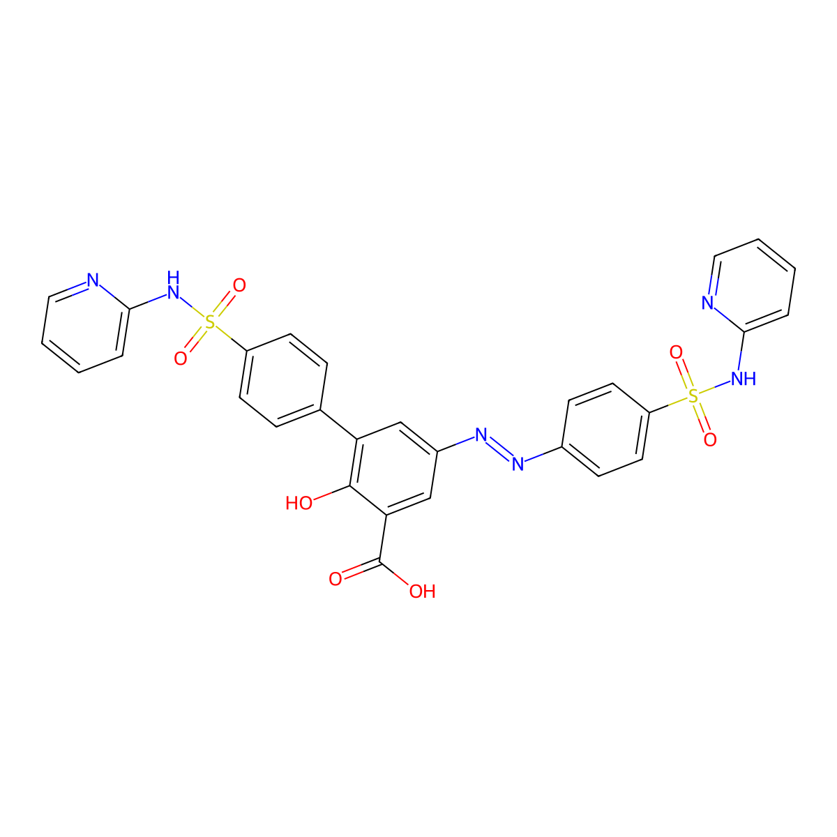 2-Hydroxy-4'-(pyridin-2-ylsulfamoyl)-5-(2-(4-(pyridin-2-ylsulfamoyl)phenyl)diazenyl)biphenyl-3-carboxylic acid molecular structure, CAS 1391062-34-2