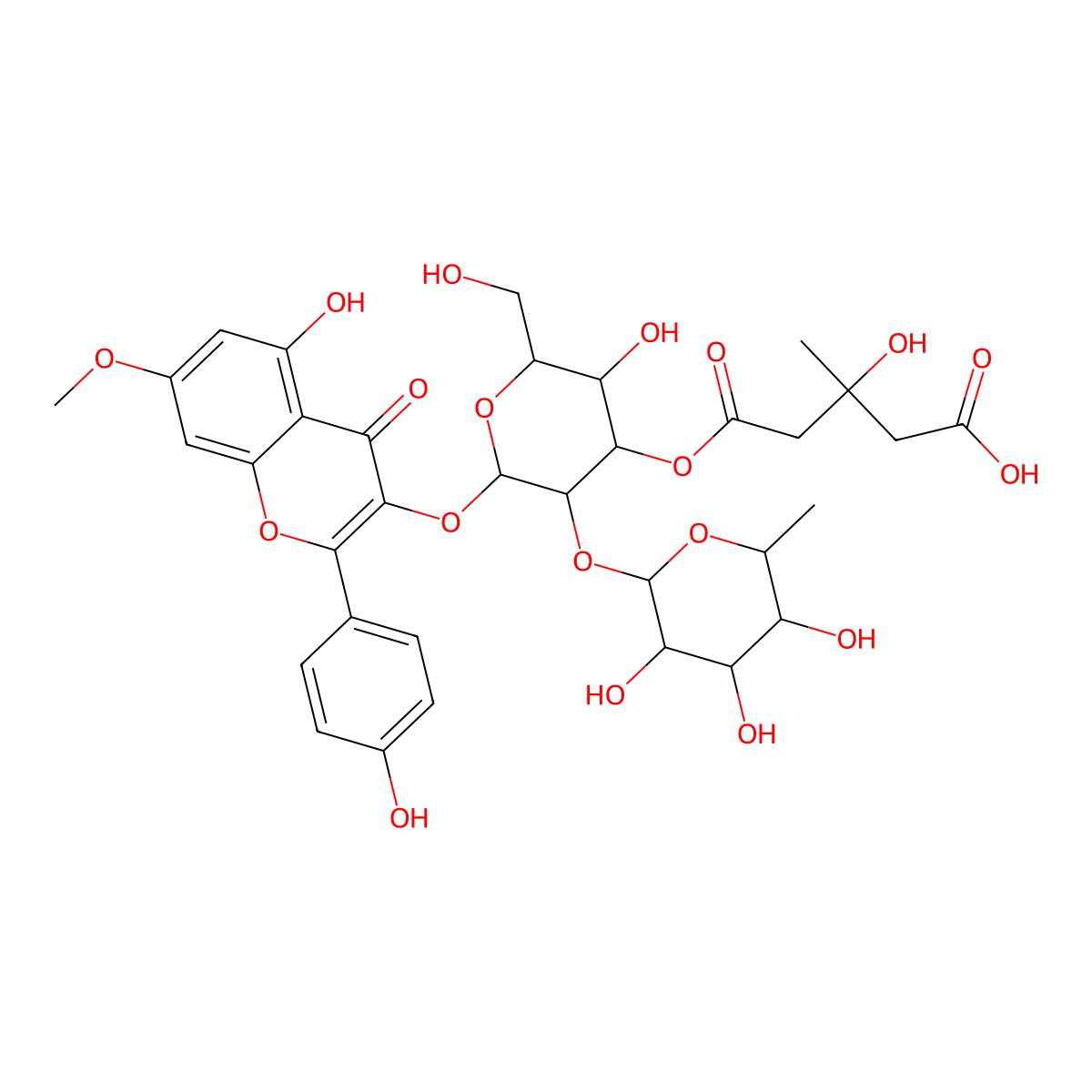 3-hydroxy-5-[(2S,3R,4S,5S,6R)-5-hydroxy-2-[5-hydroxy-2-(4-hydroxyphenyl)-7-methoxy-4-oxochromen-3-yl]oxy-6-(hydroxymethyl)-3-[(2S,3R,4R,5R,6S)-3,4,5-trihydroxy-6-methyloxan-2-yl]oxyoxan-4-yl]oxy-3-methyl-5-oxopentanoic acid molecular structure, CAS 1391144-81-2