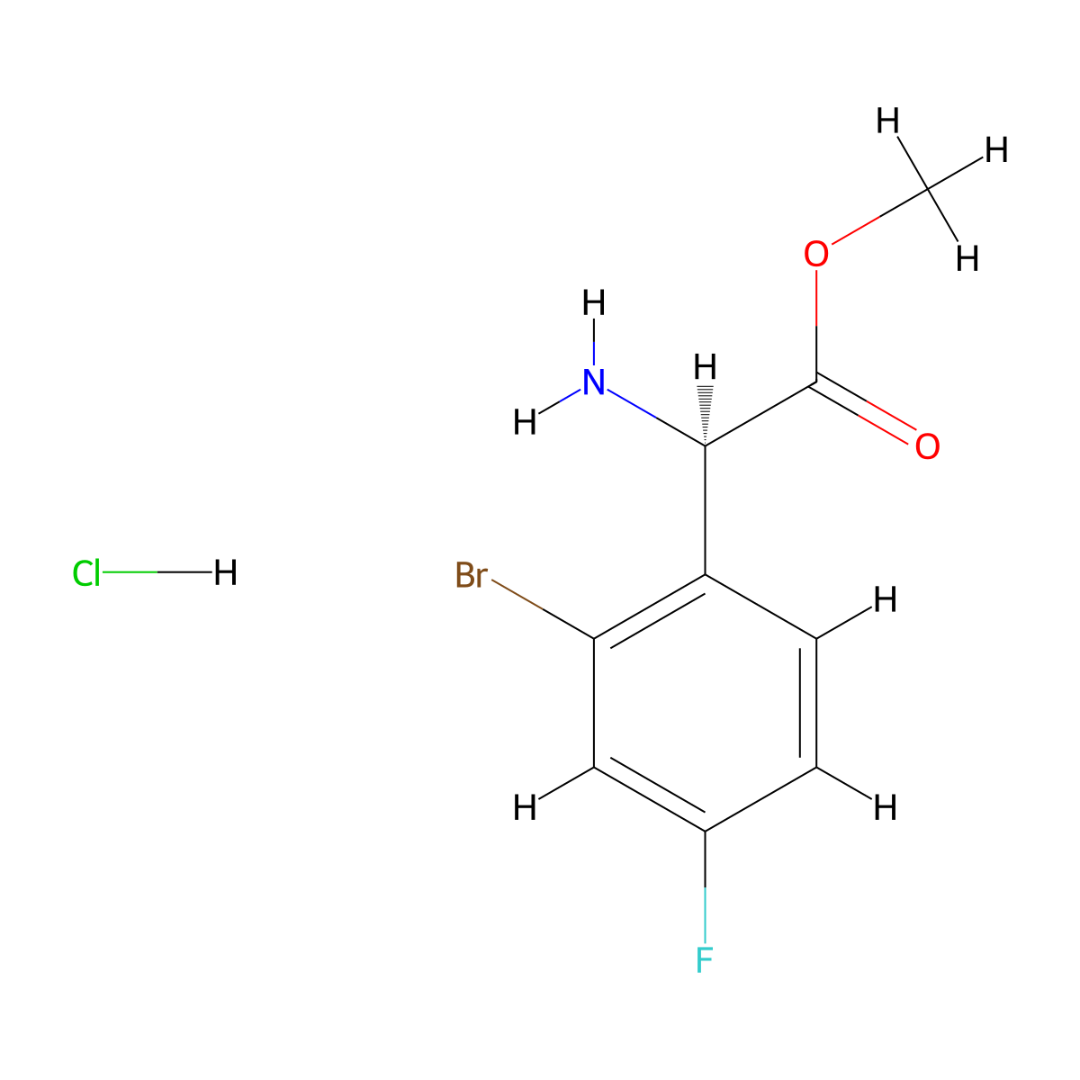 Methyl (2R)-2-amino-2-(2-bromo-4-fluorophenyl)acetate hydrochloride molecular structure, CAS 1391381-36-4