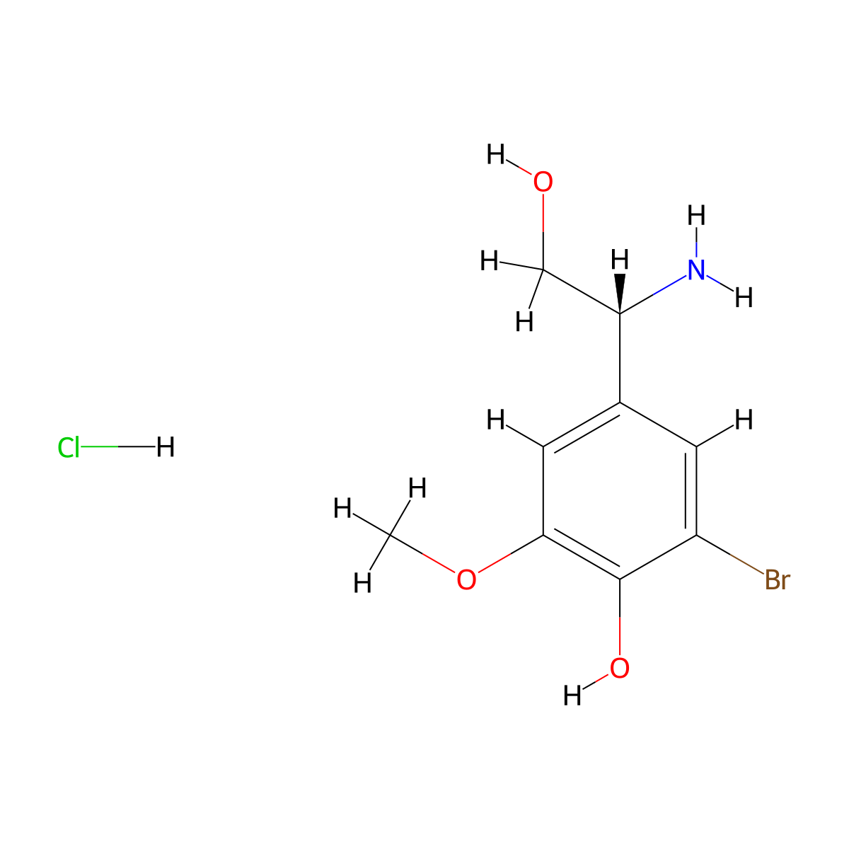 Benzeneethanol, I(2)-amino-3-bromo-4-hydroxy-5-methoxy-, hydrochloride (1:1), (I(2)R)- molecular structure, CAS 1391408-14-2