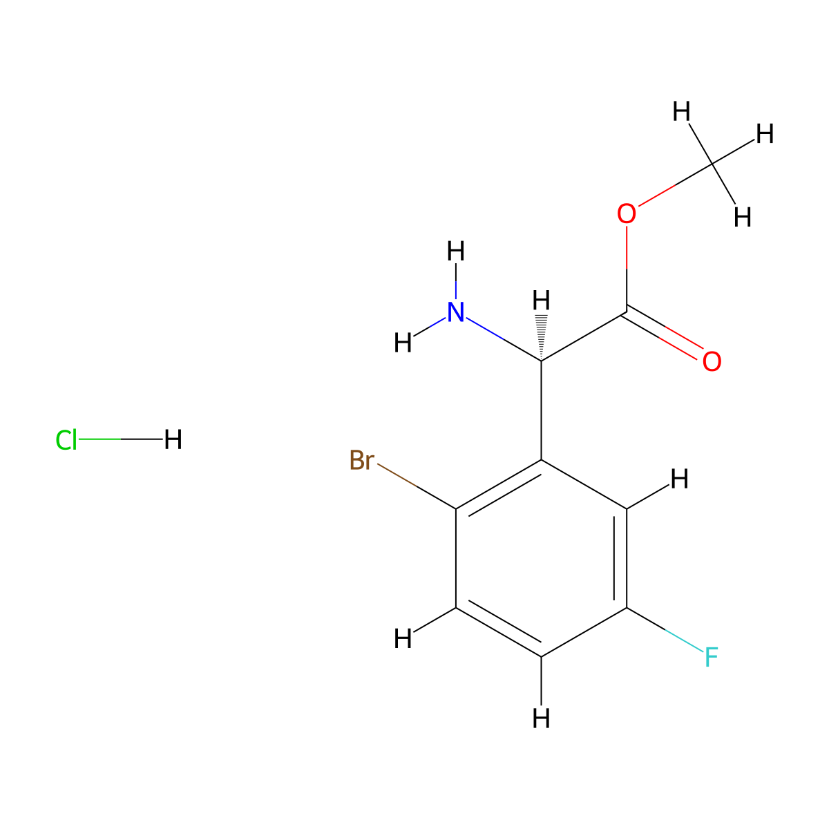 Methyl (2R)-2-amino-2-(2-bromo-5-fluorophenyl)acetate hydrochloride molecular structure, CAS 1391415-35-2