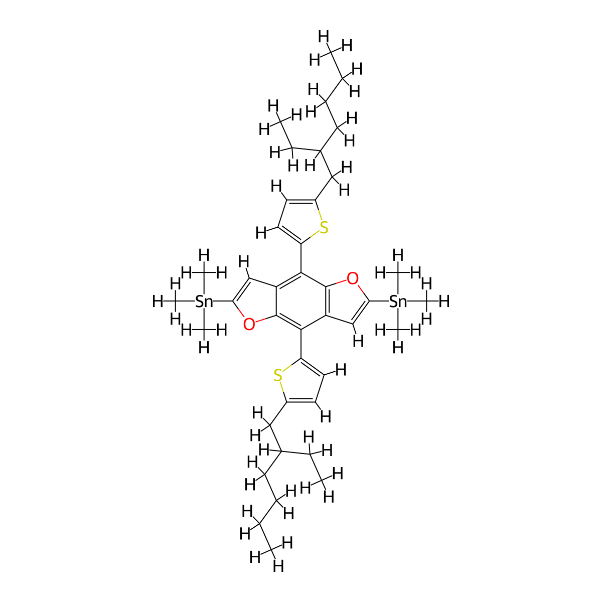 (4,8-Bis(5-(2-ethylhexyl)thiophen-2-yl)benzo[1,2-b:4,5-b']difuran-2,6-diyl)bis(trimethylstannane) molecular structure, CAS 1391764-83-2