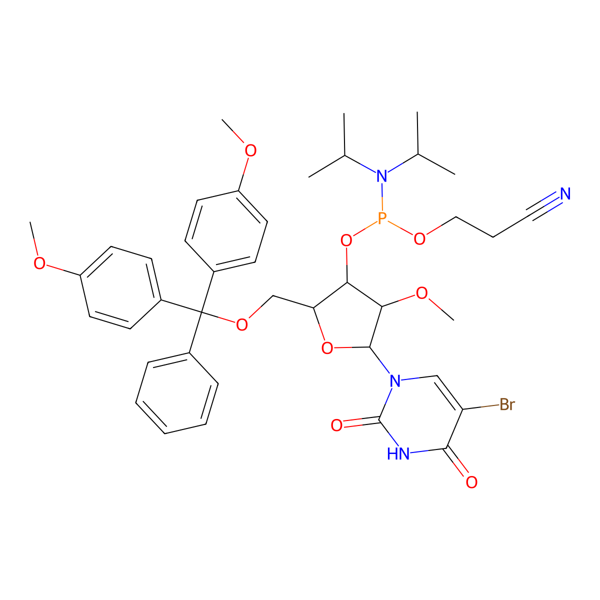 (2R,3R,4R,5R)-2-((Bis(4-methoxyphenyl)(phenyl)methoxy)methyl)-5-(5-bromo-2,4-dioxo-3,4-dihydropyrimidin-1(2H)-yl)-4-methoxytetrahydrofuran-3-yl (2-cyanoethyl) diisopropylphosphoramidite molecular structure, CAS 1391914-08-1