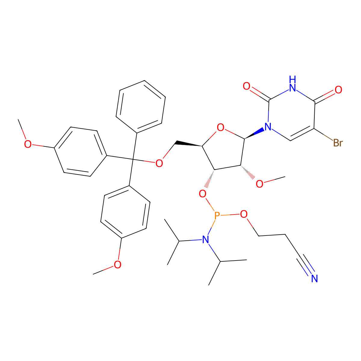 (2R,3R,4R,5R)-2-((Bis(4-methoxyphenyl)(phenyl)methoxy)methyl)-5-(5-bromo-2,4-dioxo-3,4-dihydropyrimidin-1(2H)-yl)-4-methoxytetrahydrofuran-3-yl (2-cyanoethyl) diisopropylphosphoramidite molecular structure, CAS 1391914-08-1