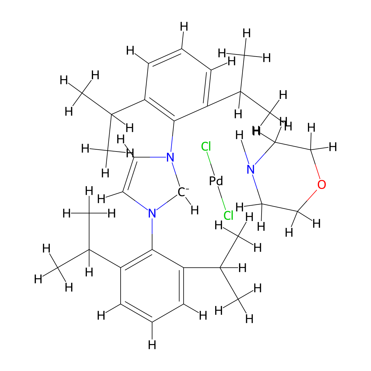 (SP-4-1)-[1,3-Bis[2,6-bis(1-methylethyl)phenyl]-1,3-dihydro-2H-imidazol-2-ylidene]dichloro(morpholine-κN4)palladium molecular structure, CAS 1392095-51-0