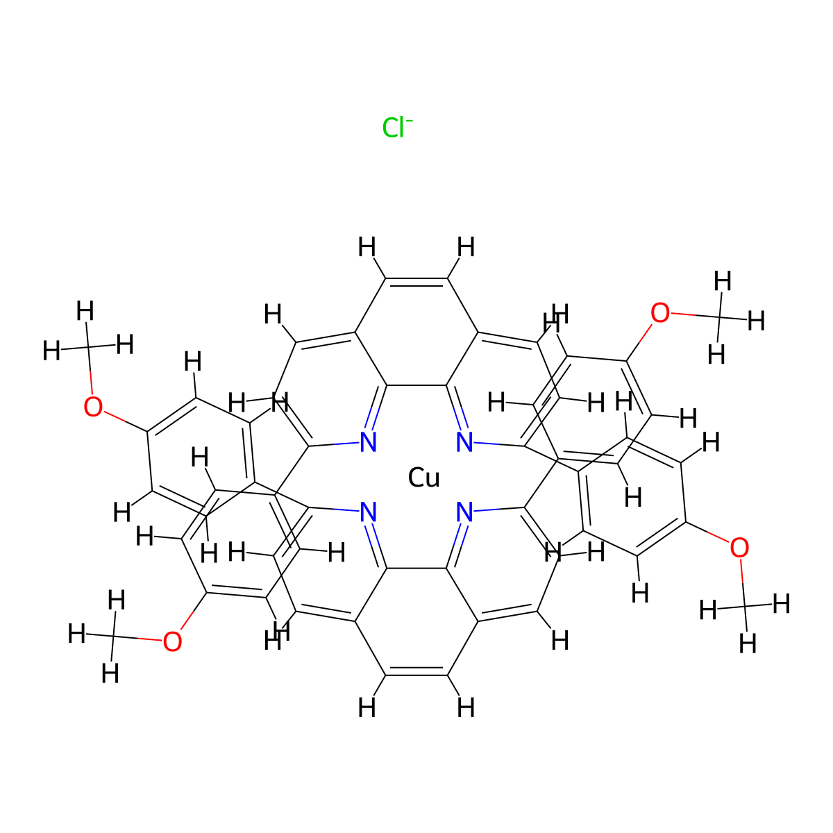 (T-4)-Copper(1+), bis[2,9-bis(4-methoxyphenyl)-1,10-phenanthroline-κN1,κN10]-, chloride , [Cu(dap)2]Cl molecular structure, CAS 1392109-17-9
