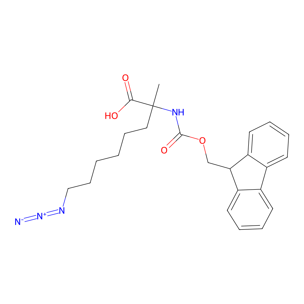 (S)-2-((((9H-fluoren-9-yl)methoxy)carbonyl)amino)-8-azido-2-methyloctanoic acid molecular structure, CAS 1392218-87-9