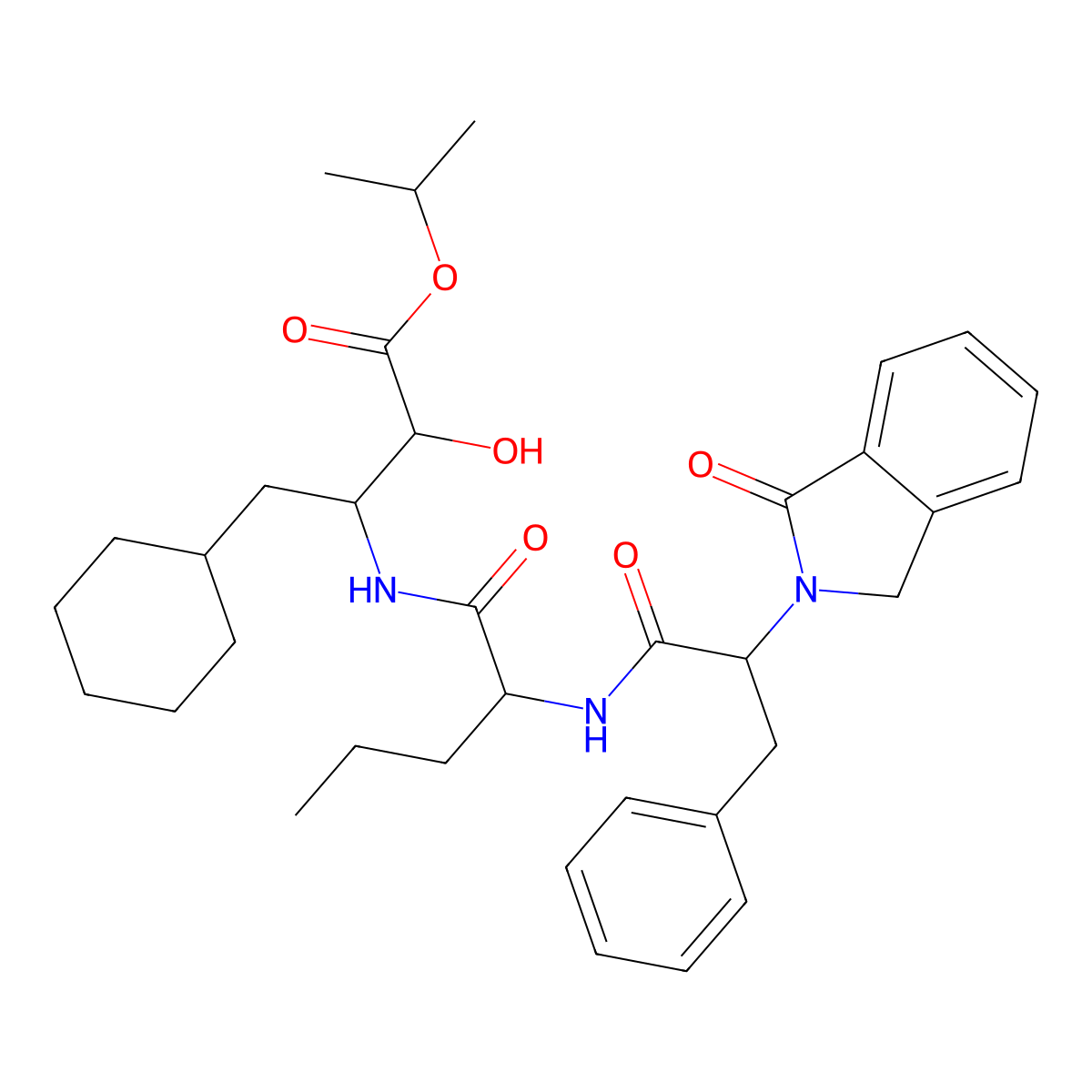4-Cyclohexyl-2-hydroxy-3-((2-((2-(1-oxo-1,3-dihydroisoindol-2-yl)-3-phenylpropionyl)amino)pentanoyl)amino)butyric acid isopropyl ester molecular structure, CAS 139238-61-2