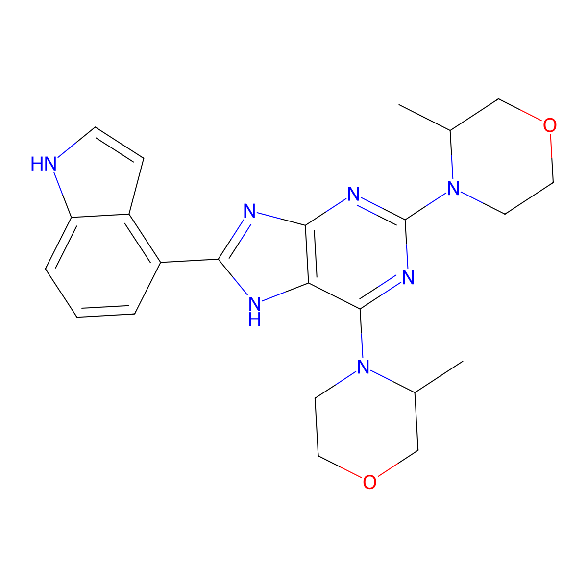 8-(1H-indol-4-yl)-6-[(3R)-3-methylmorpholin-4-yl]-2-[(3S)-3-methylmorpholin-4-yl]-9H-purine molecular structure, CAS 1392421-71-4