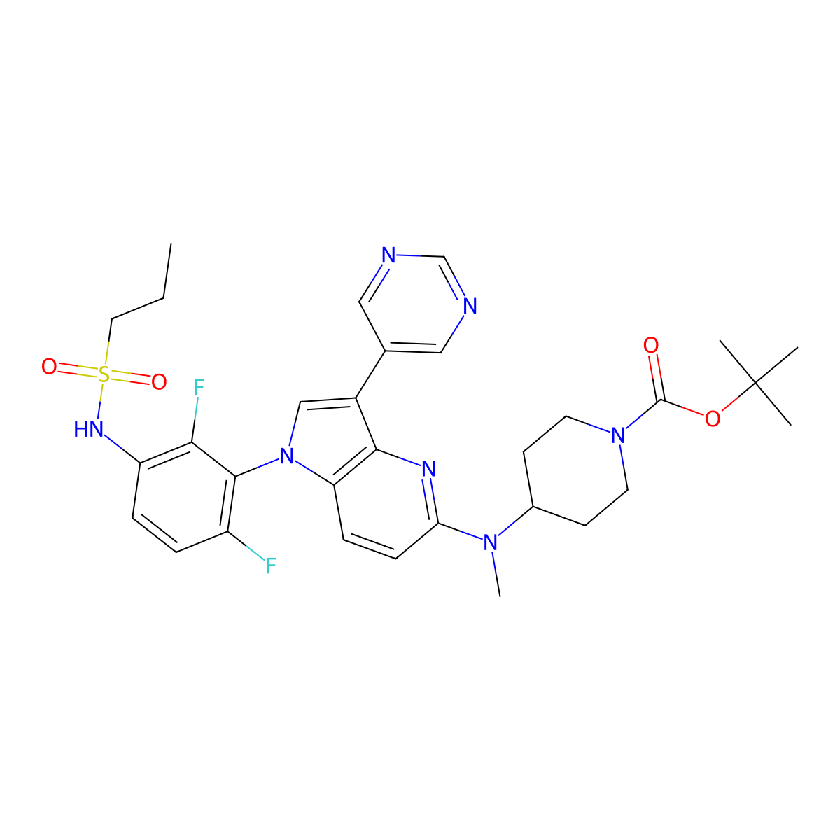 Tert-butyl 4-((1-(2,6-difluoro-3-(propylsulfonamido)phenyl)-3-(pyrimidin-5-YL)-1H-pyrrolo[3,2-B]pyridin-5-YL)(methyl)amino)piperidine-1-carboxylate molecular structure, CAS 1392429-50-3