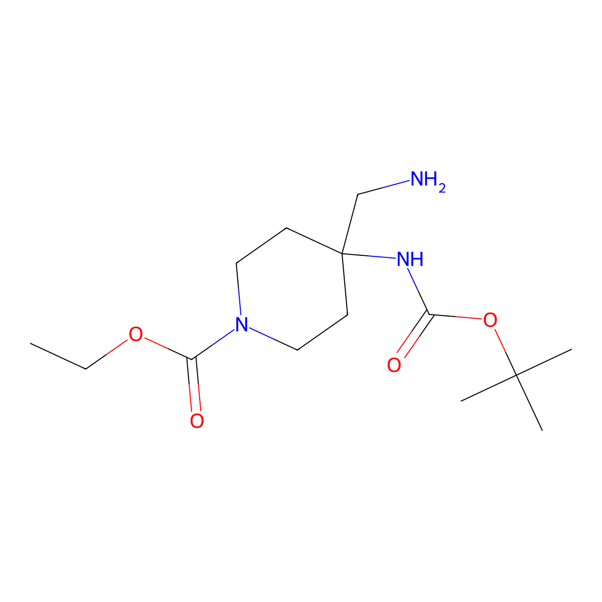 Ethyl 4-(aminomethyl)-4-{[(tert-butoxy)carbonyl]amino}piperidine-1-carboxylate molecular structure, CAS 1392491-72-3
