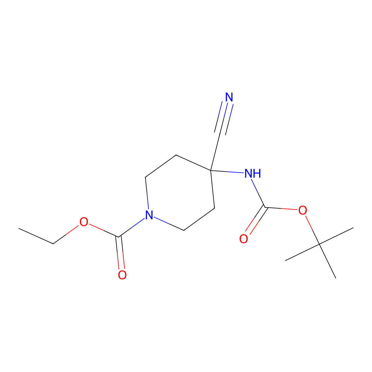 Ethyl 4-{[(tert-butoxy)carbonyl]amino}-4-cyanopiperidine-1-carboxylate molecular structure, CAS 1392491-76-7