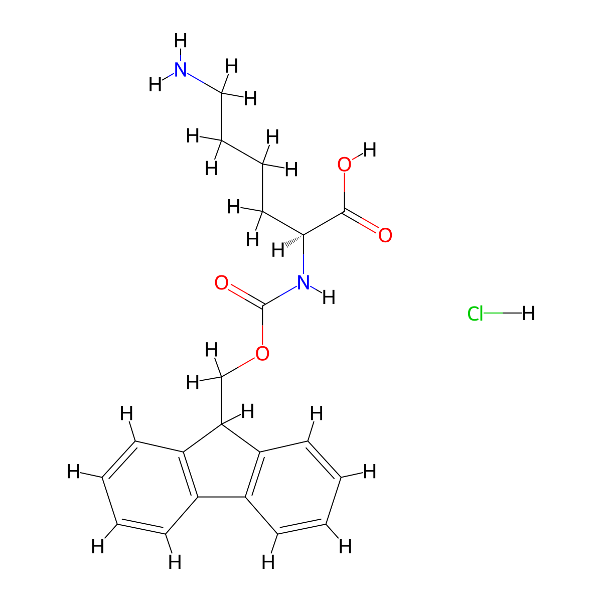 (2S)-6-amino-2-((((9H-fluoren-9-yl)methoxy)carbonyl)amino)hexanoic acid hydrochloride molecular structure, CAS 139262-23-0