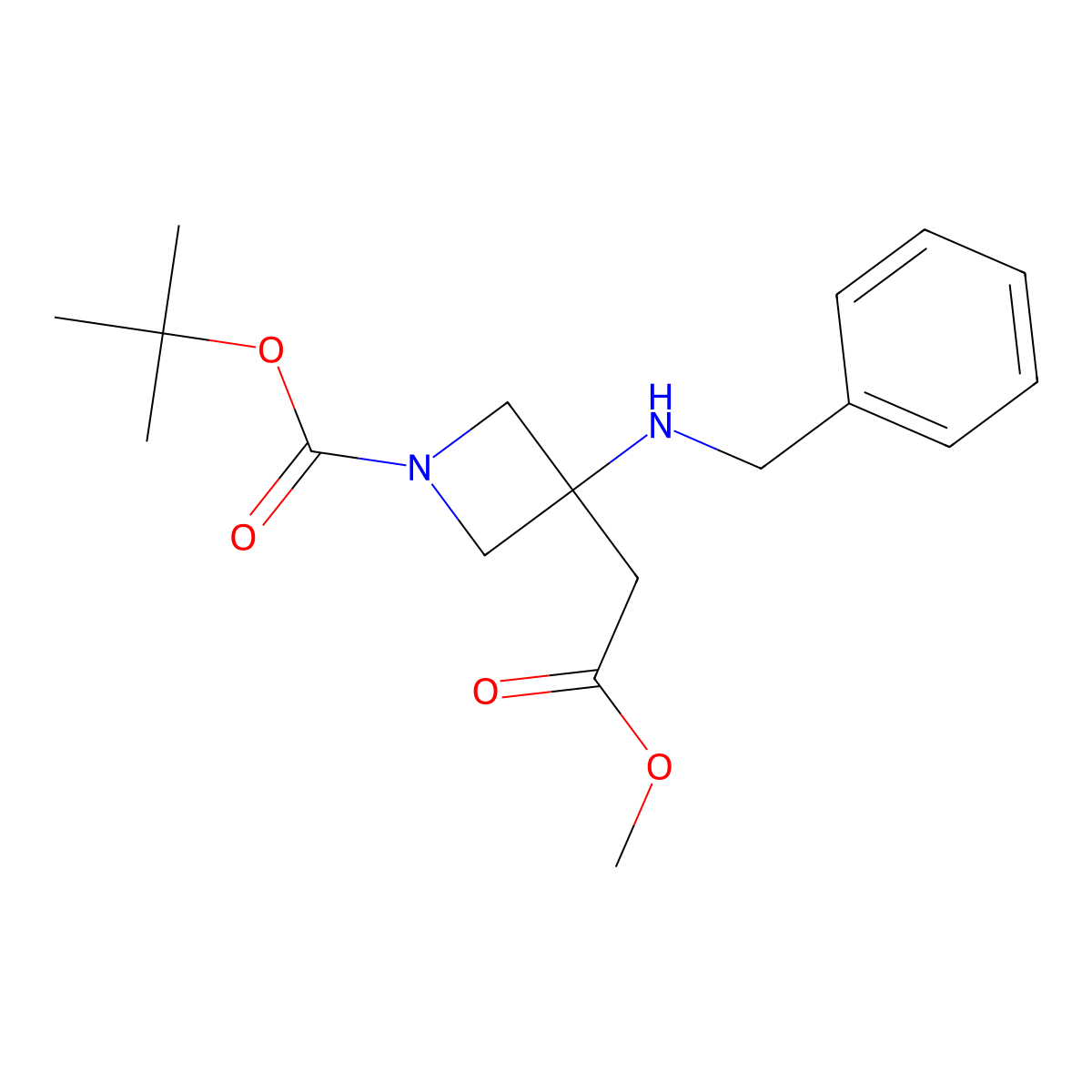 Tert-butyl 3-(benzylamino)-3-(2-methoxy-2-oxoethyl)azetidine-1-carboxylate molecular structure, CAS 1392803-61-0