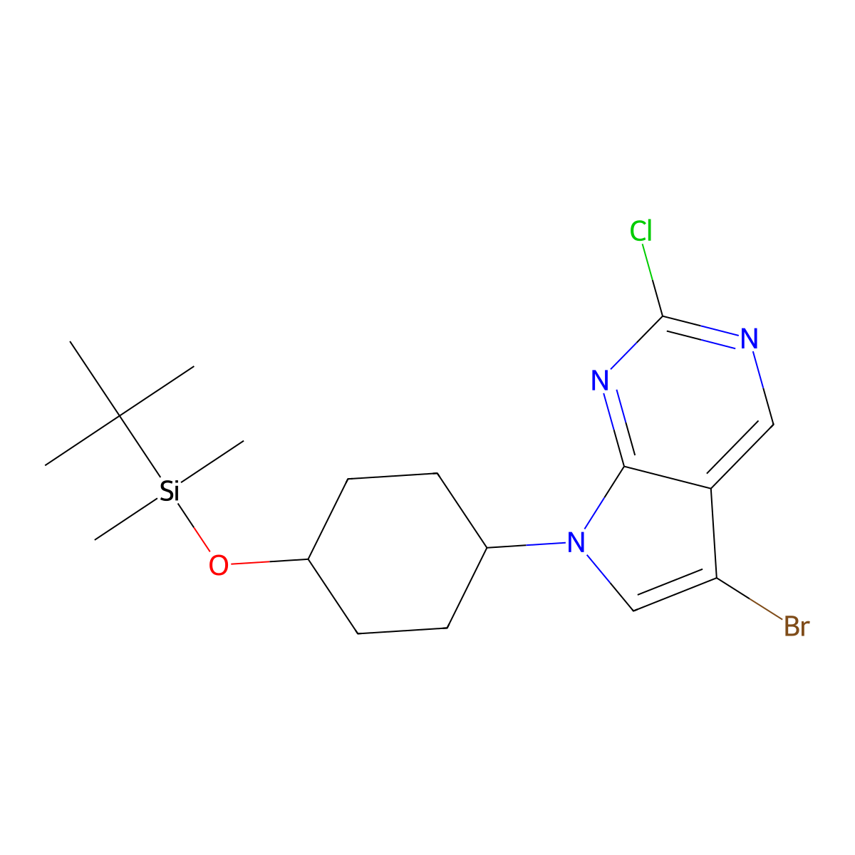 5-Bromo-7-[trans-4-(tert-butyldimethylsilanyloxy)cyclohexyl]-2-chloro-7H-pyrrolo[2,3-d]pyrimidine molecular structure, CAS 1392804-15-7