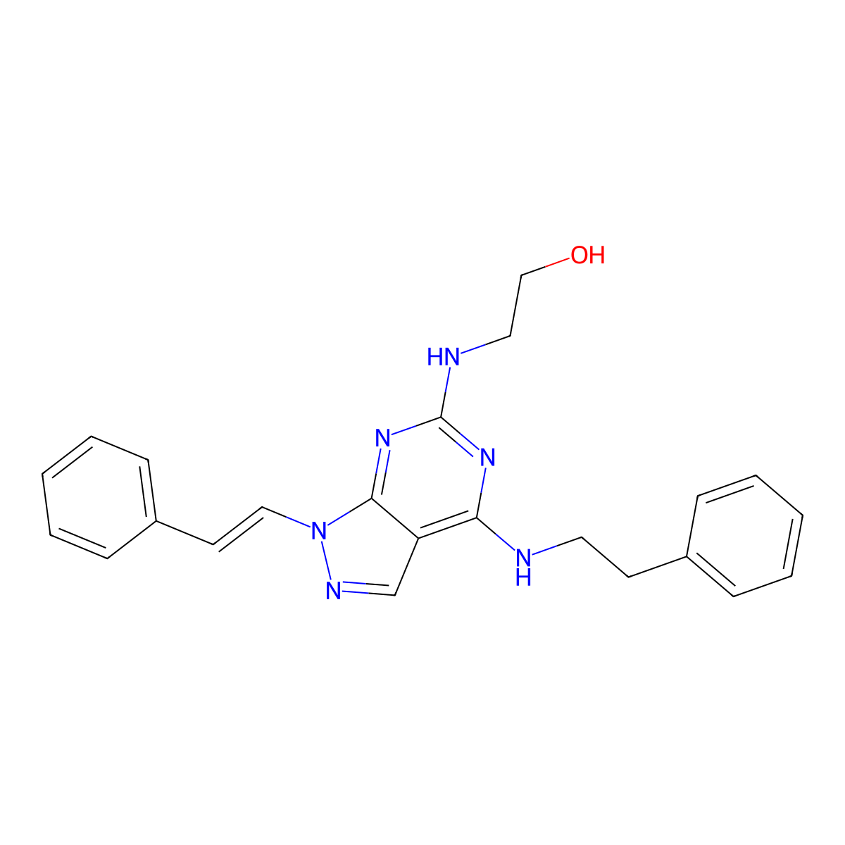 2-({4-[(2-Phenylethyl)amino]-1-(2-phenylvinyl)-1H-pyrazolo[3,4-d]pyrimidin-6-yl}-amino)ethanol molecular structure, CAS 1392816-46-4