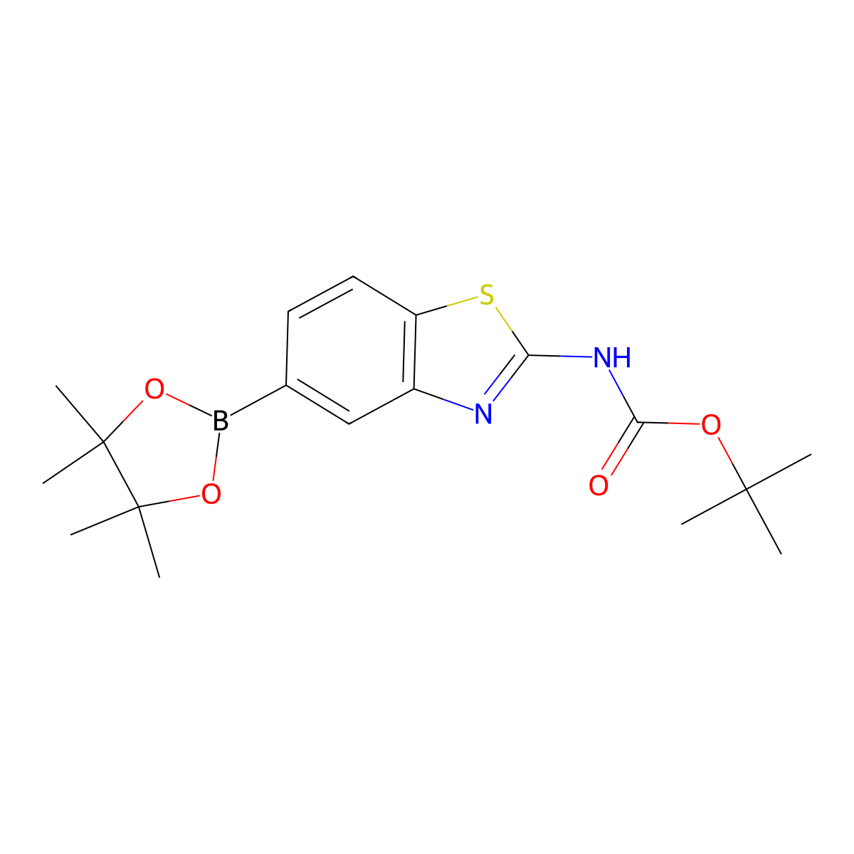 Tert-butyl (5-(4,4,5,5-tetramethyl-1,3,2-dioxaborolan-2-yl)benzo[d]thiazol-2-yl)carbamate molecular structure, CAS 1392846-50-2