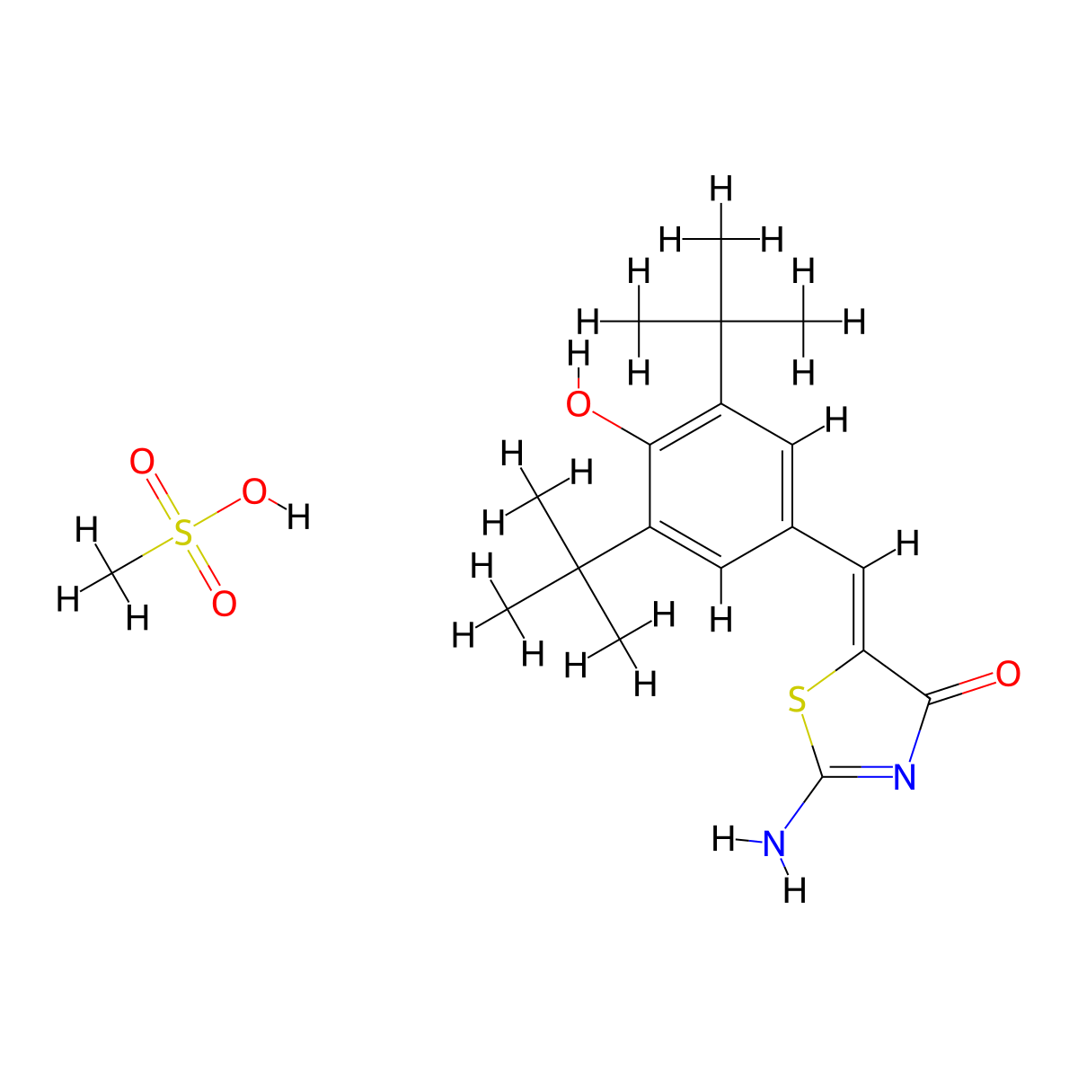 4(5H)-Thiazolone, 2-amino-5-((3,5-bis(1,1-dimethylethyl)-4-hydroxyphenyl)methylene)-, (5Z)-, methanesulfonate (1:1) molecular structure, CAS 139340-56-0