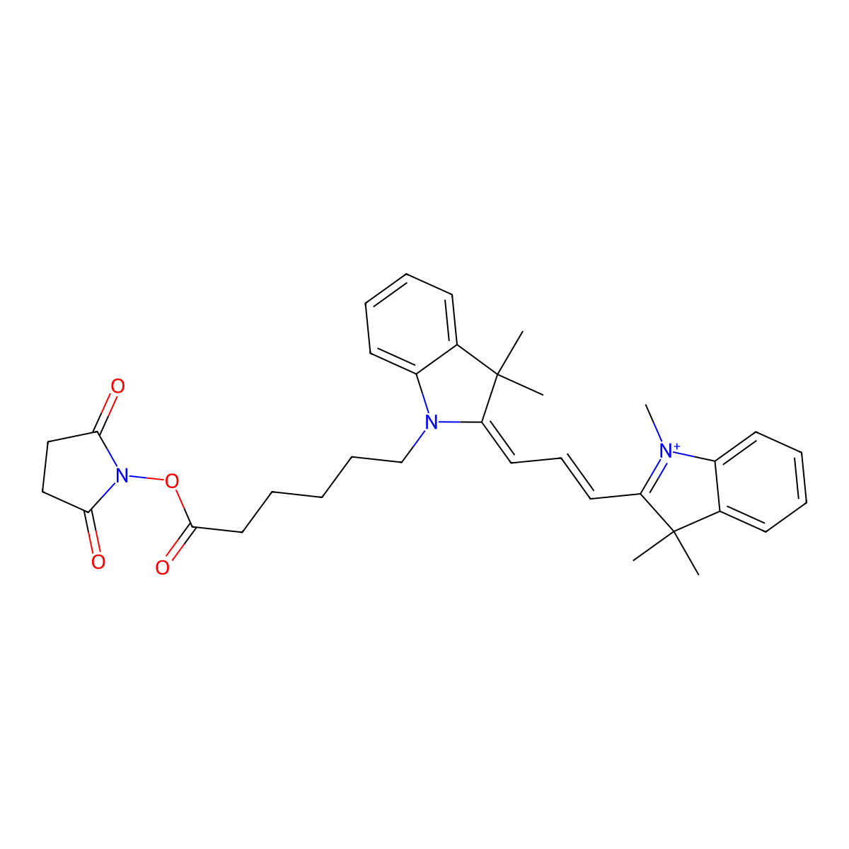 (2,5-dioxopyrrolidin-1-yl) 6-[(2E)-3,3-dimethyl-2-[(E)-3-(1,3,3-trimethylindol-1-ium-2-yl)prop-2-enylidene]indol-1-yl]hexanoate molecular structure, CAS 1393427-85-4