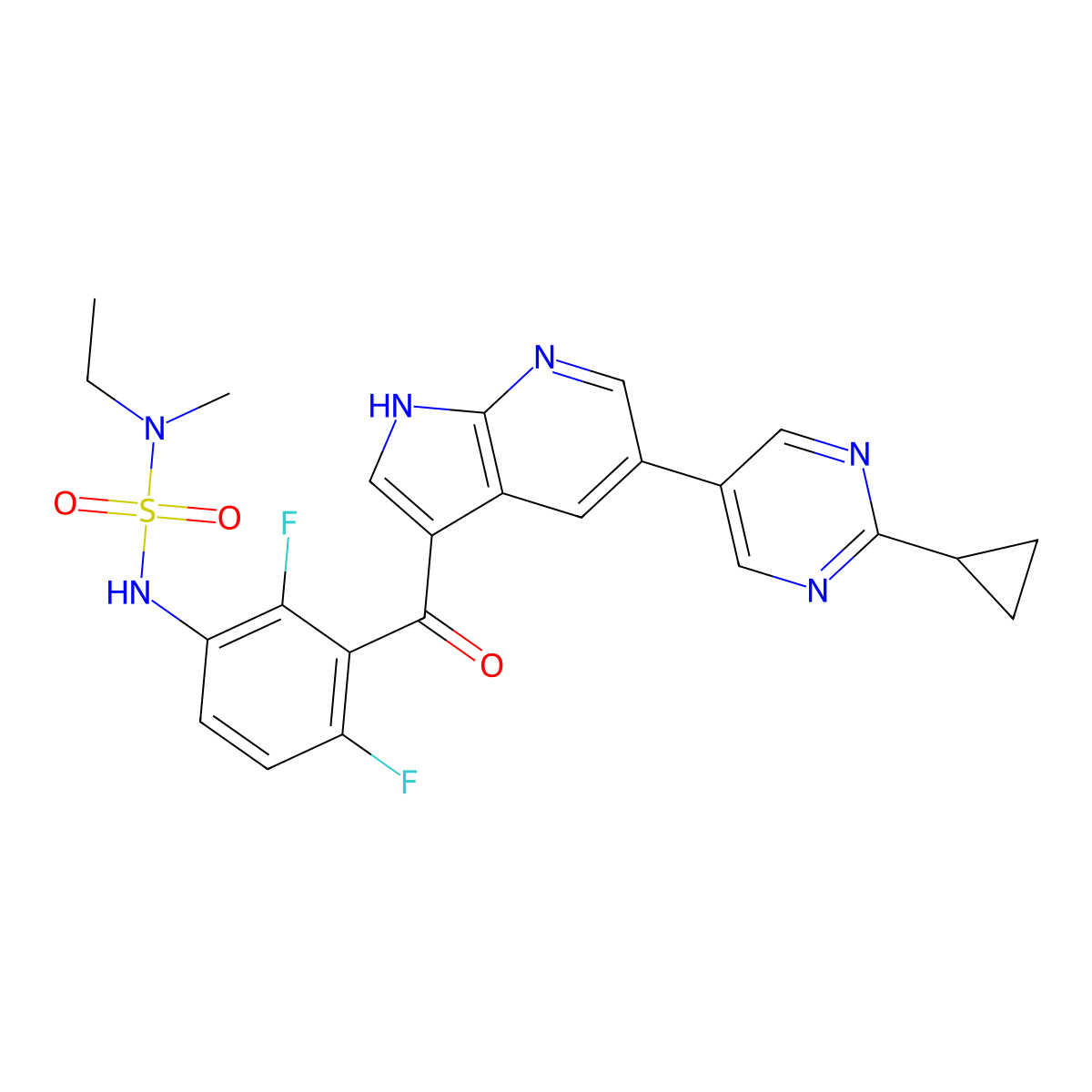 5-(2-cyclopropylpyrimidin-5-yl)-3-(3-((ethyl(methyl)sulfamoyl)amino)-2,6-difluorobenzoyl)-1H-pyrrolo(2,3-b)pyridine molecular structure, CAS 1393465-84-3