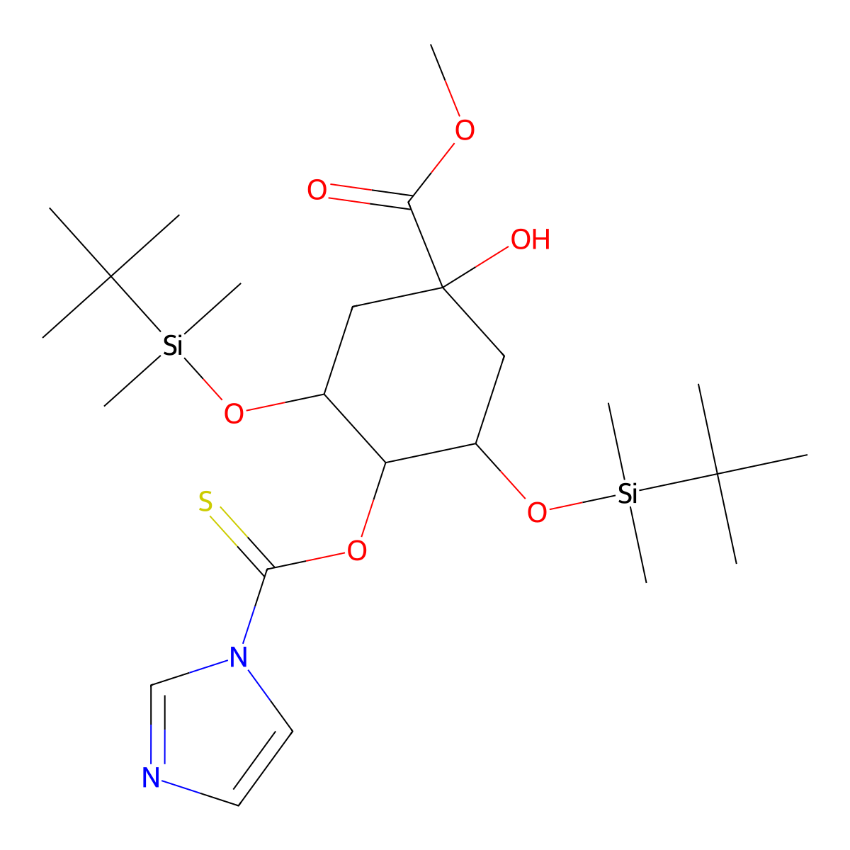 (1a,3R,4a,5R)-3,5-Bis[[(1,1-dimethylethyl)dimethylsilyl]oxy]-1-hydroxy-4-(1H-imidazol-1-ylthioxomethoxy)-cyclohexanecarboxylic Acid Methyl Ester molecular structure, CAS 139356-32-4