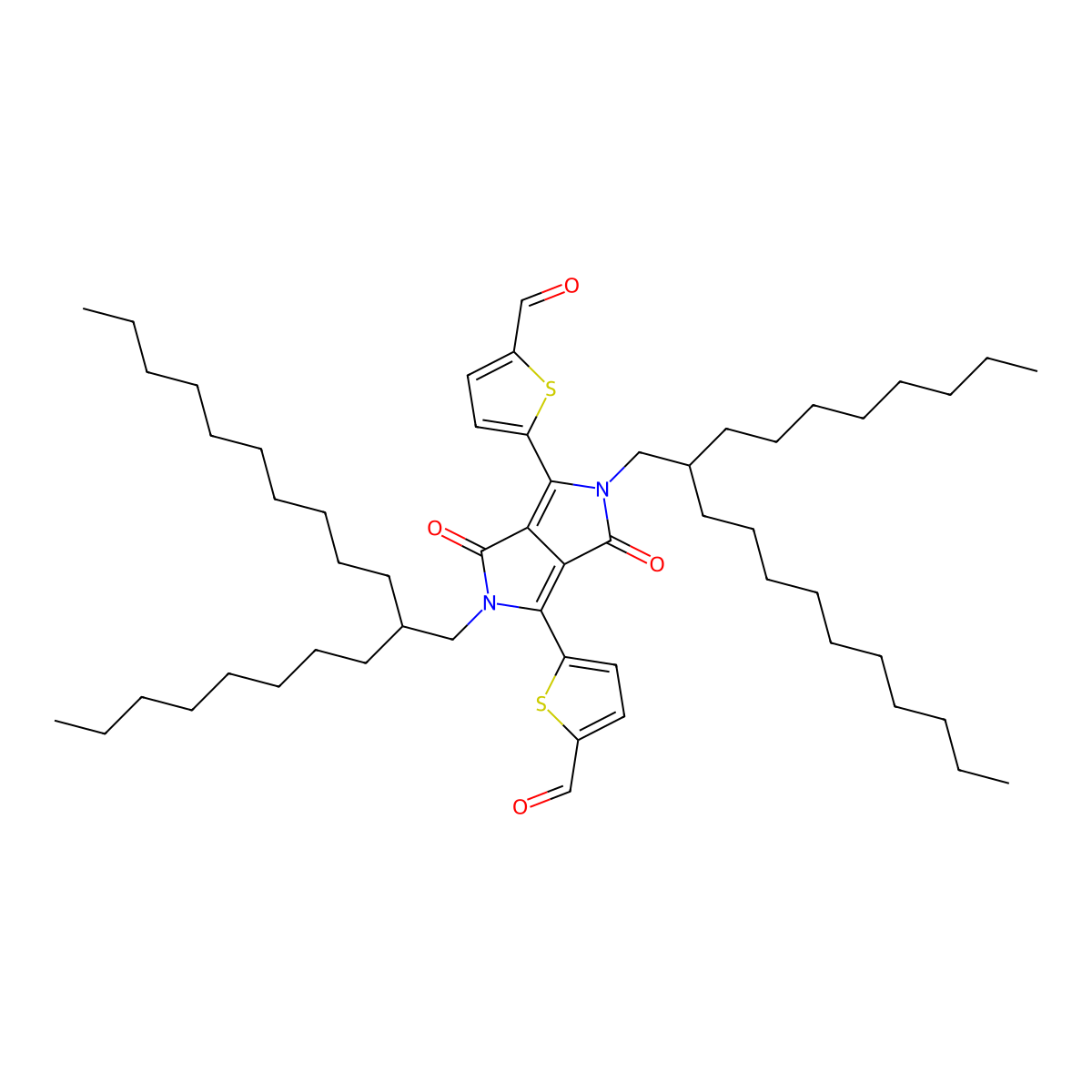 5,5'-(2,5-Bis(2-octyldodecyl)-3,6-dioxo-2,3,5,6-tetrahydropyrrolo[3,4-c]pyrrole-1,4-diyl)bis(thiophene-2-carbaldehyde) molecular structure, CAS 1393737-21-7