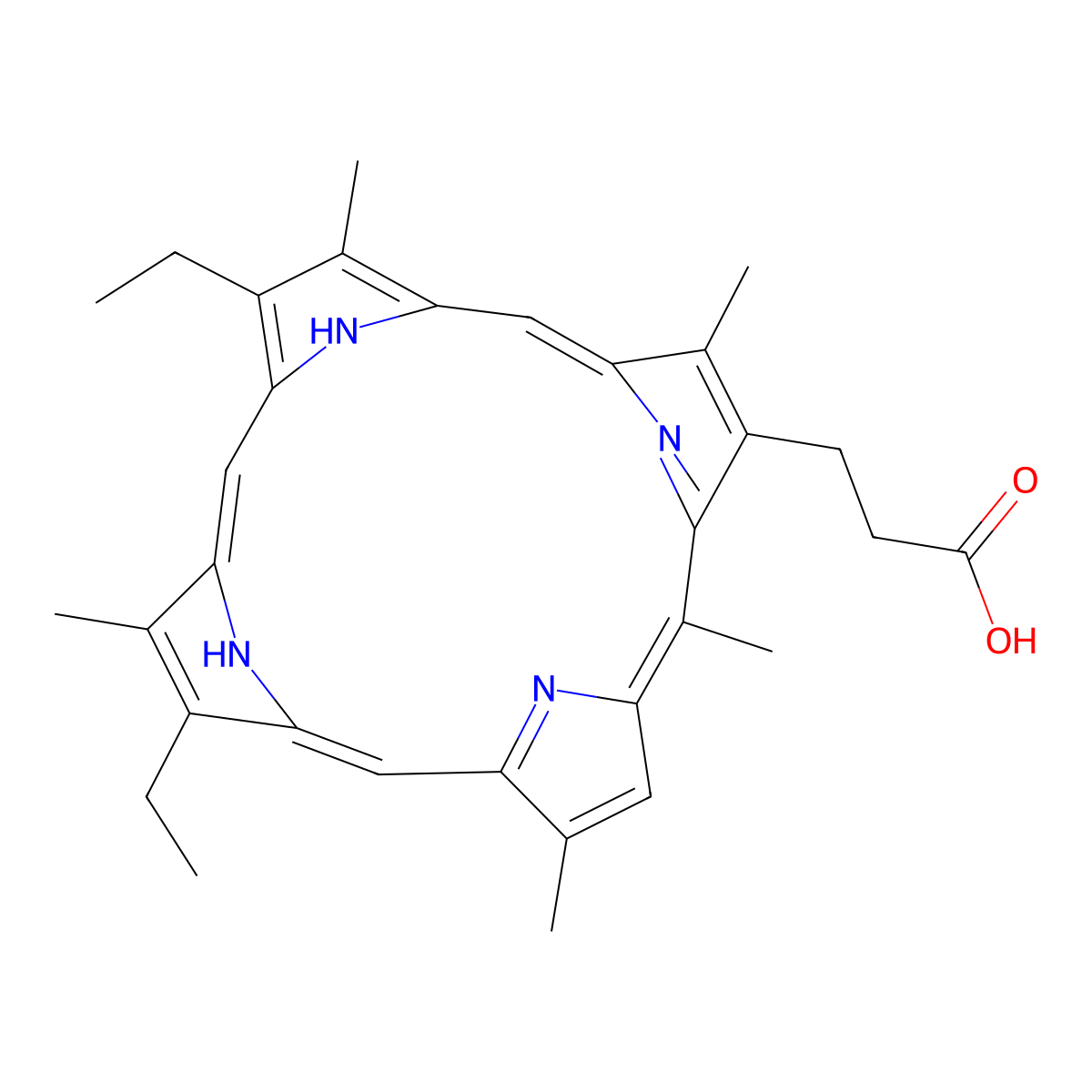 8,13-Diethyl-3,7,12,17,20-pentamethyl-21H,23H-porphine-2-propanoic acid molecular structure, CAS 13939-70-3
