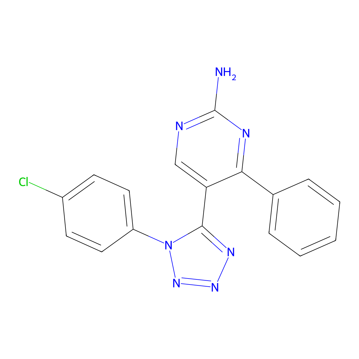 5-[1-(4-Chloro-phenyl)-1H-tetrazol-5-yl]-4-phenyl-pyrimidin-2-ylamine molecular structure, CAS 139393-52-5