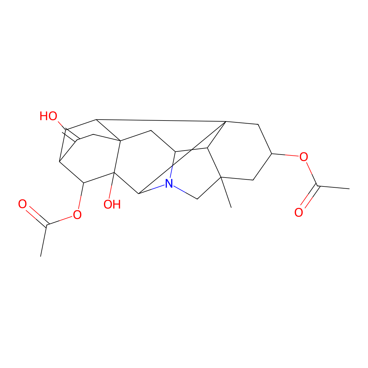 (10-Acetyloxy-9,19-dihydroxy-5-methyl-12-methylidene-7-azaheptacyclo[9.6.2.01,8.05,17.07,16.09,14.014,18]nonadecan-3-yl) acetate molecular structure, CAS 1394-48-5