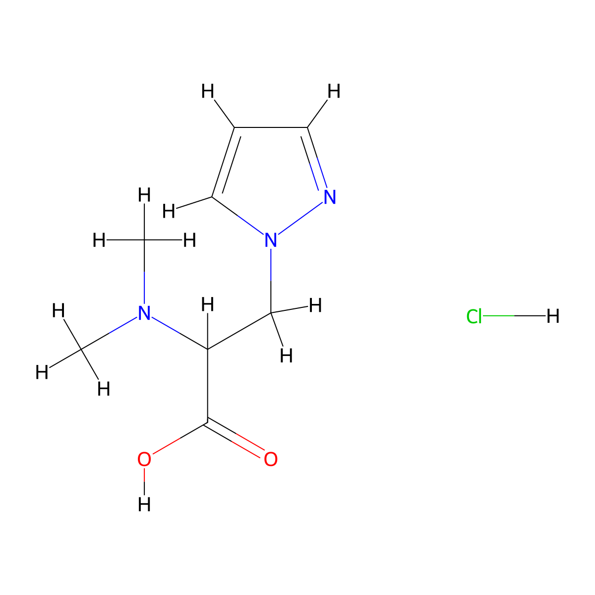 2-(dimethylamino)-3-(1H-pyrazol-1-yl)propanoic acid hydrochloride molecular structure, CAS 1394040-07-3