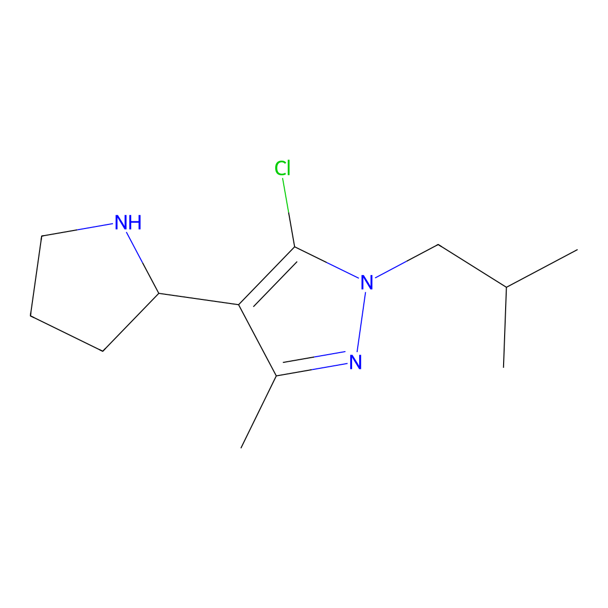 5-chloro-3-methyl-1-(2-methylpropyl)-4-(pyrrolidin-2-yl)-1H-pyrazole molecular structure, CAS 1394041-83-8