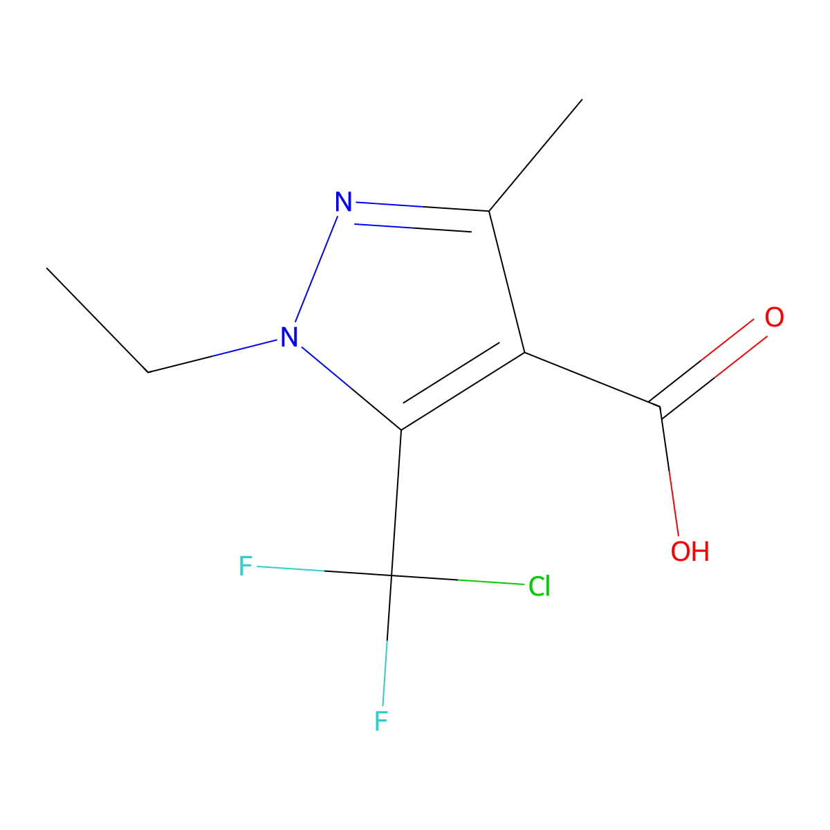 5-(chlorodifluoromethyl)-1-ethyl-3-methyl-1H-pyrazole-4-carboxylic acid molecular structure, CAS 1394042-14-8