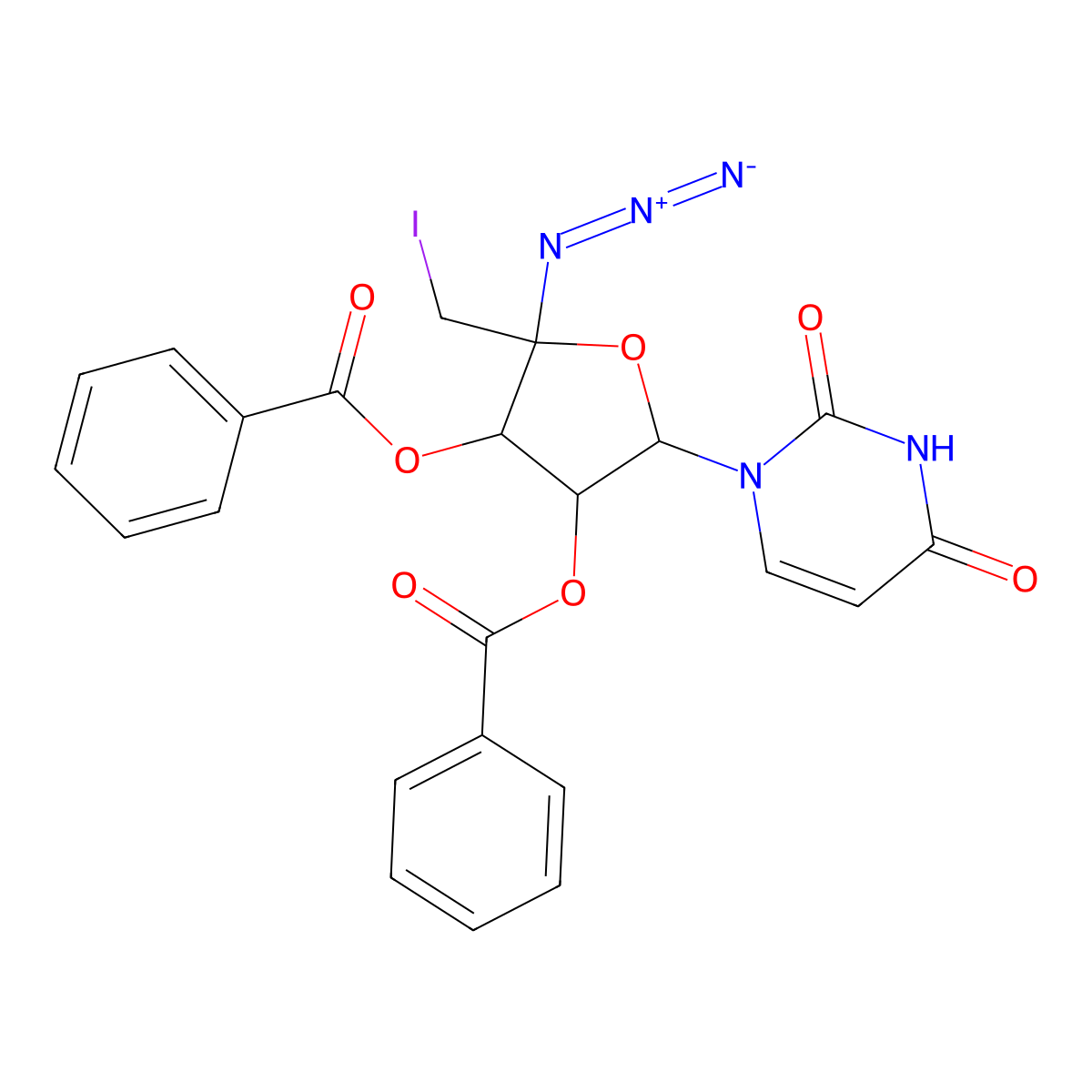 Uridine, 4'-C-azido-5'-deoxy-5'-iodo-, 2',3'-dibenzoate molecular structure, CAS 139419-02-6