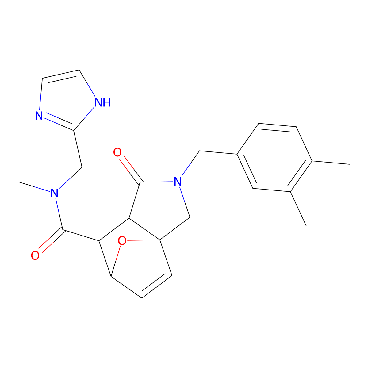 3a,6-Epoxy-3aH-isoindole-7-carboxamide, 2-[(3,4-dimethylphenyl)methyl]-1,2,3,6,7,7a-hexahydro-N-(1H-imidazol-2-ylmethyl)-N-methyl-1-oxo-, (3aR,6S)-rel- molecular structure, CAS 1394306-94-5