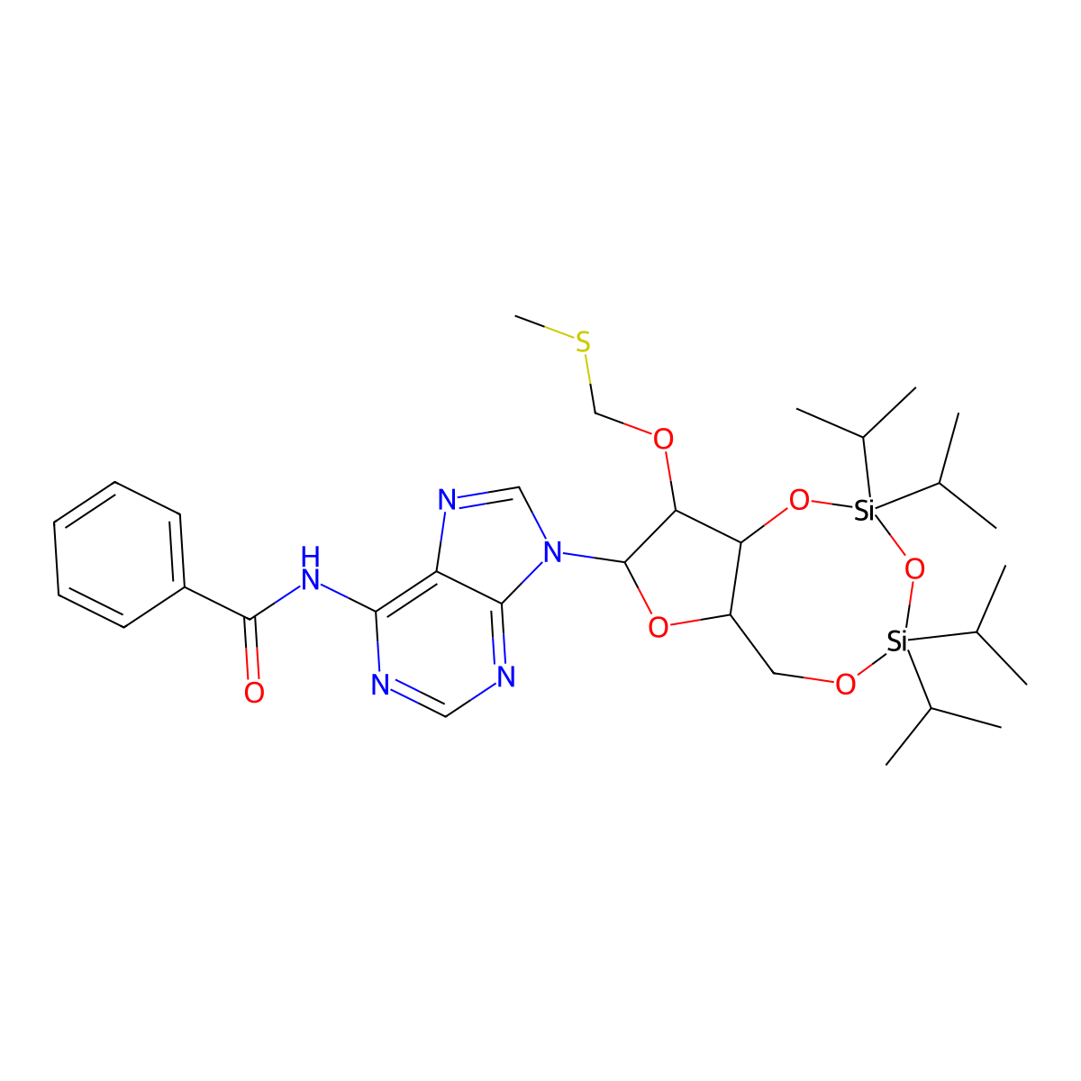 N-(9-((6aR,8R,9R,9aR)-2,2,4,4-Tetraisopropyl-9-((methylthio)methoxy)tetrahydro-6H-furo[3,2-f][1,3,5,2,4]trioxadisilocin-8-yl)-9H-purin-6-yl)benzamide molecular structure, CAS 139434-69-8